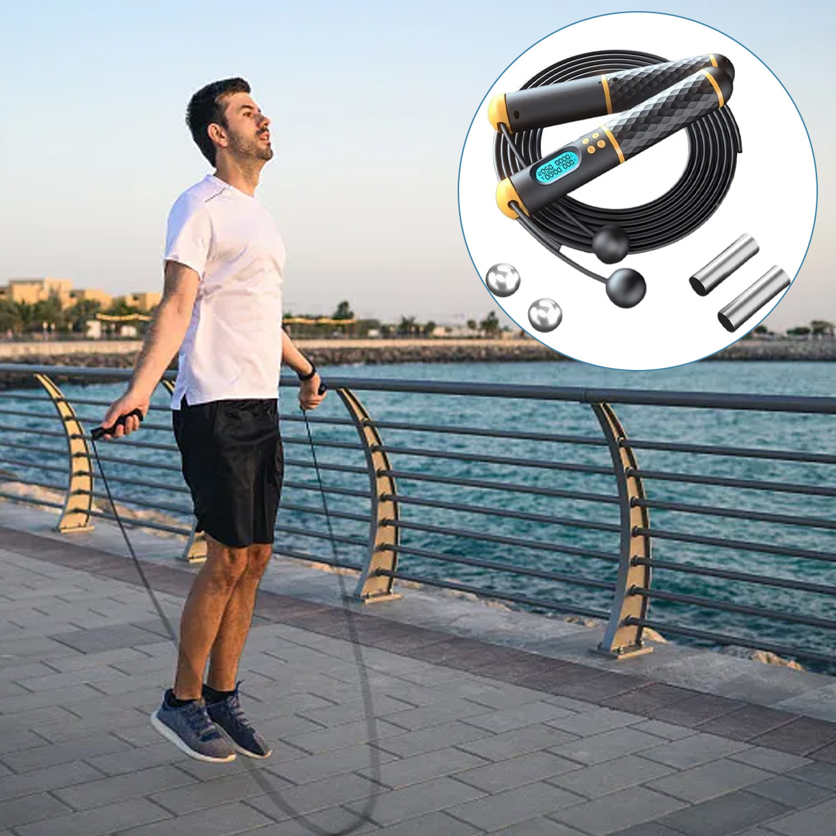 Ein Mann springt auf einer Promenade Seil. Die Abbildung zeigt ein Springseil mit Digitalzähler und zwei silbernen Gewichten.
