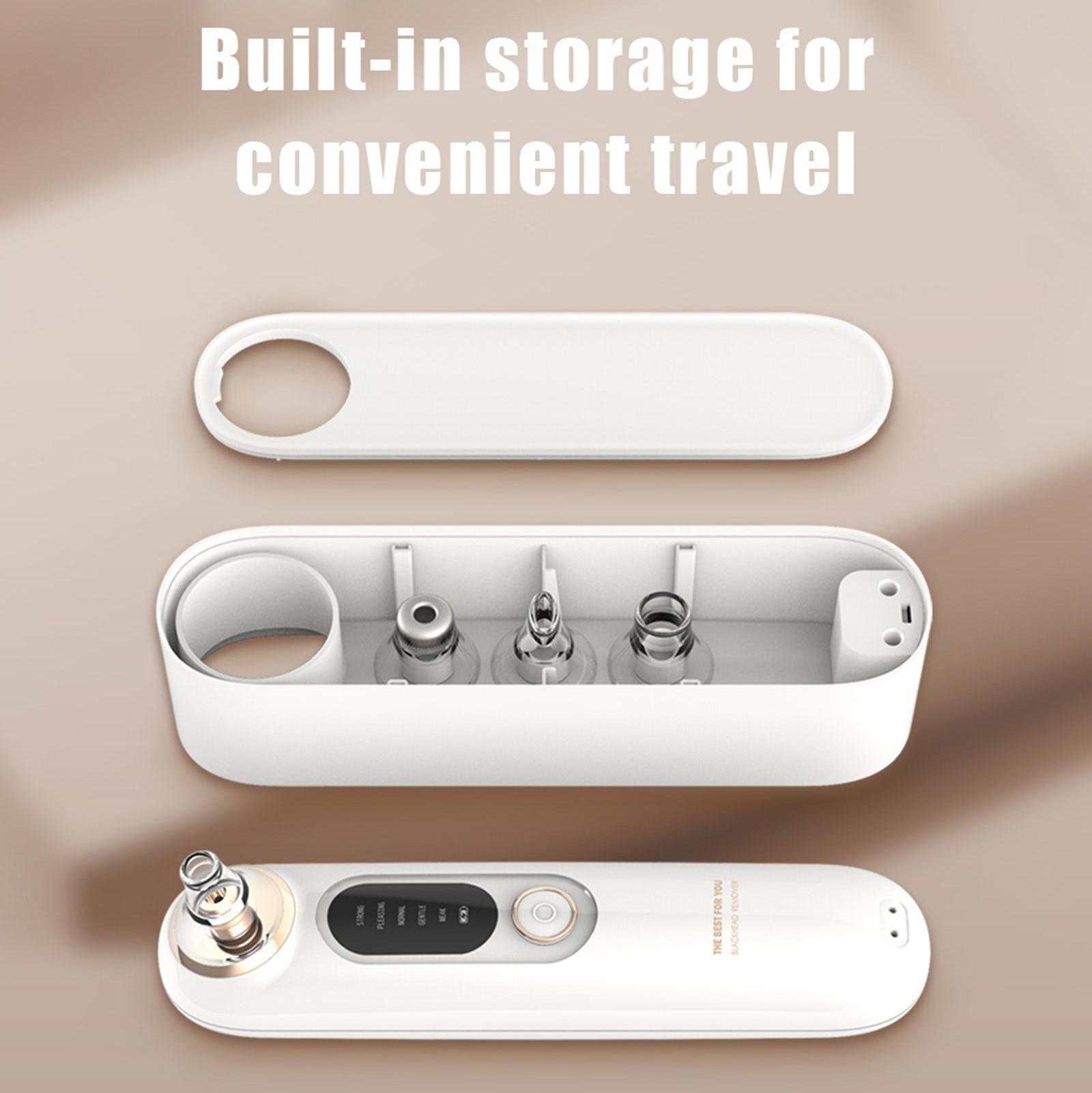 Weißes Hautpflegegerät mit eingebautem Stauraum für unterwegs. Enthält Gerät und Aufsätze. Text lautet 'Built-in storage for convenient travel'.