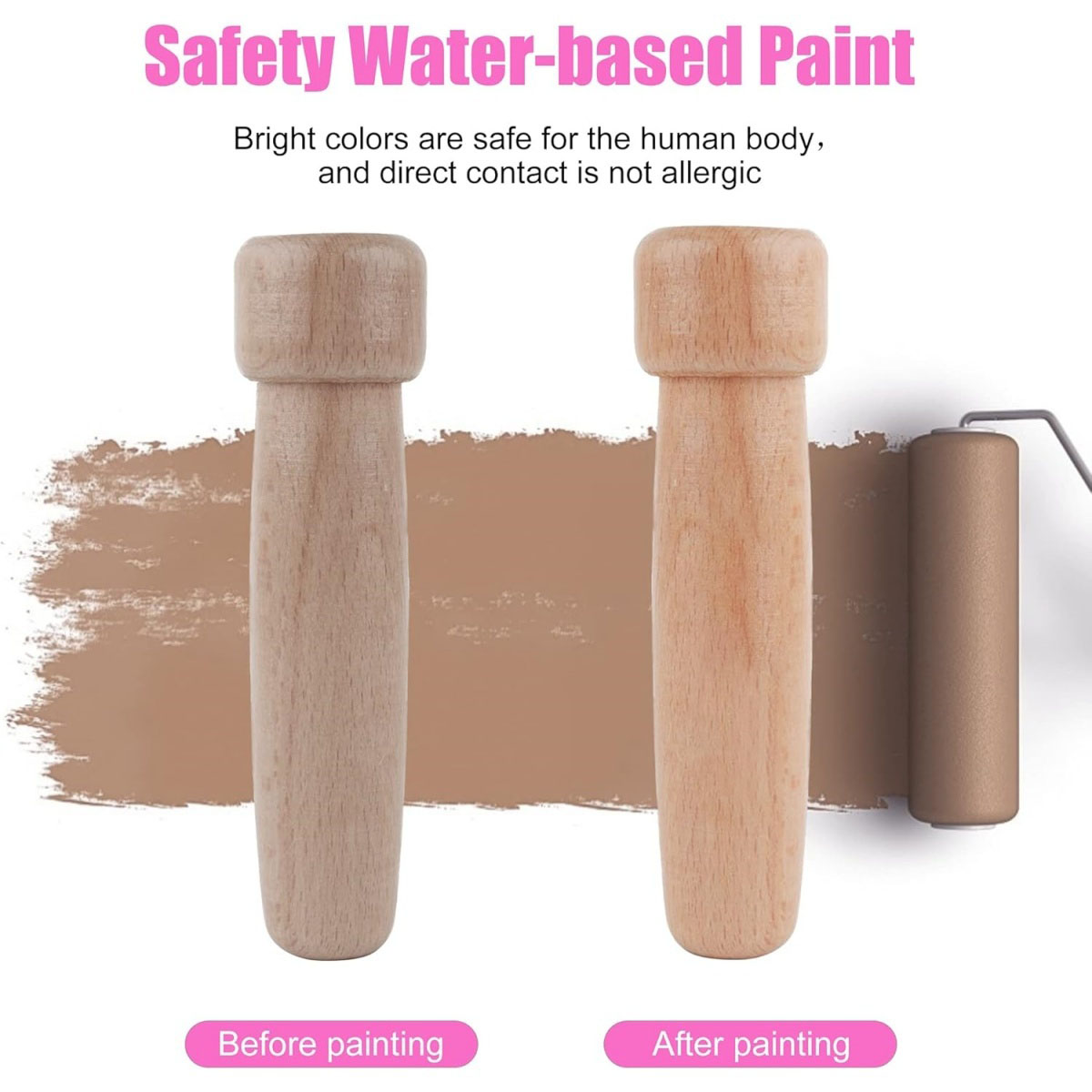 Das Bild zeigt zwei Holzfarbroller-Griffe mit aufgetragener Farbe. Der Text besagt, dass die Farbe wasserbasiert und für den menschlichen Körper unbedenklich ist.