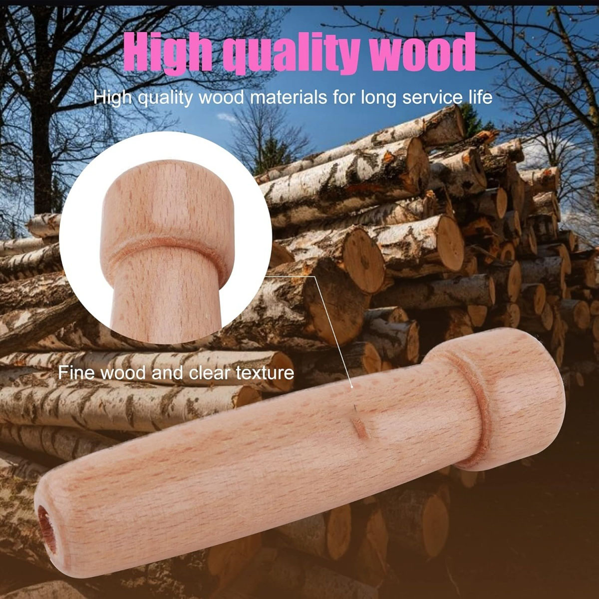 Ein Holzdübel wird angezeigt, mit einer Nahaufnahme seines Endes. Im Hintergrund sind Holzscheite und der Text 'Hochwertiges Holz' zu sehen.