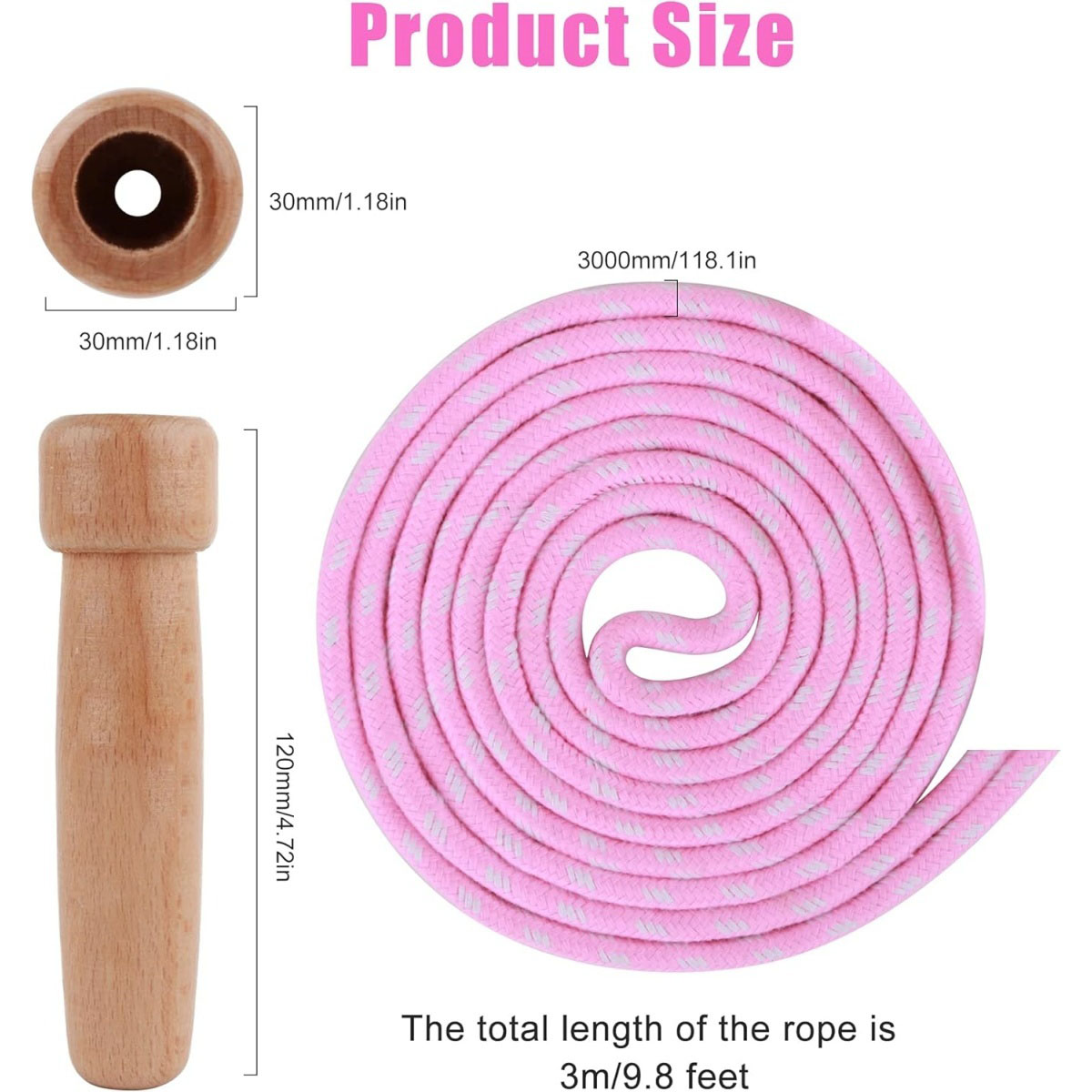 Diagramm eines rosa Springseils mit Holzgriffen. Abmessungen sind in mm und Zoll angegeben und geben seine Größe und Länge an.