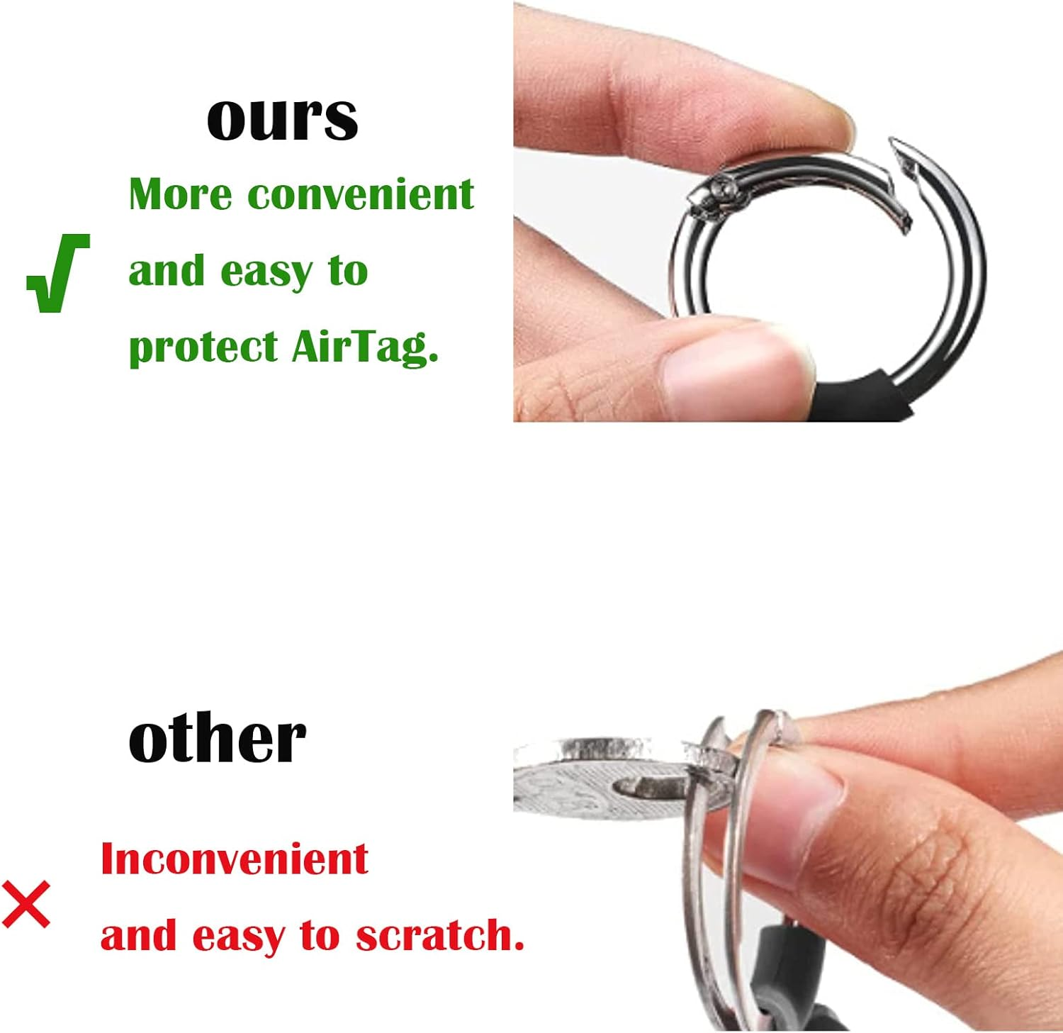 Das Bild vergleicht AirTag-Halter. Oben: unsere, bequemer. Unten: andere, unpraktisch. Zeigt einen Karabiner und einen Halter mit rotem X und grünem Haken.