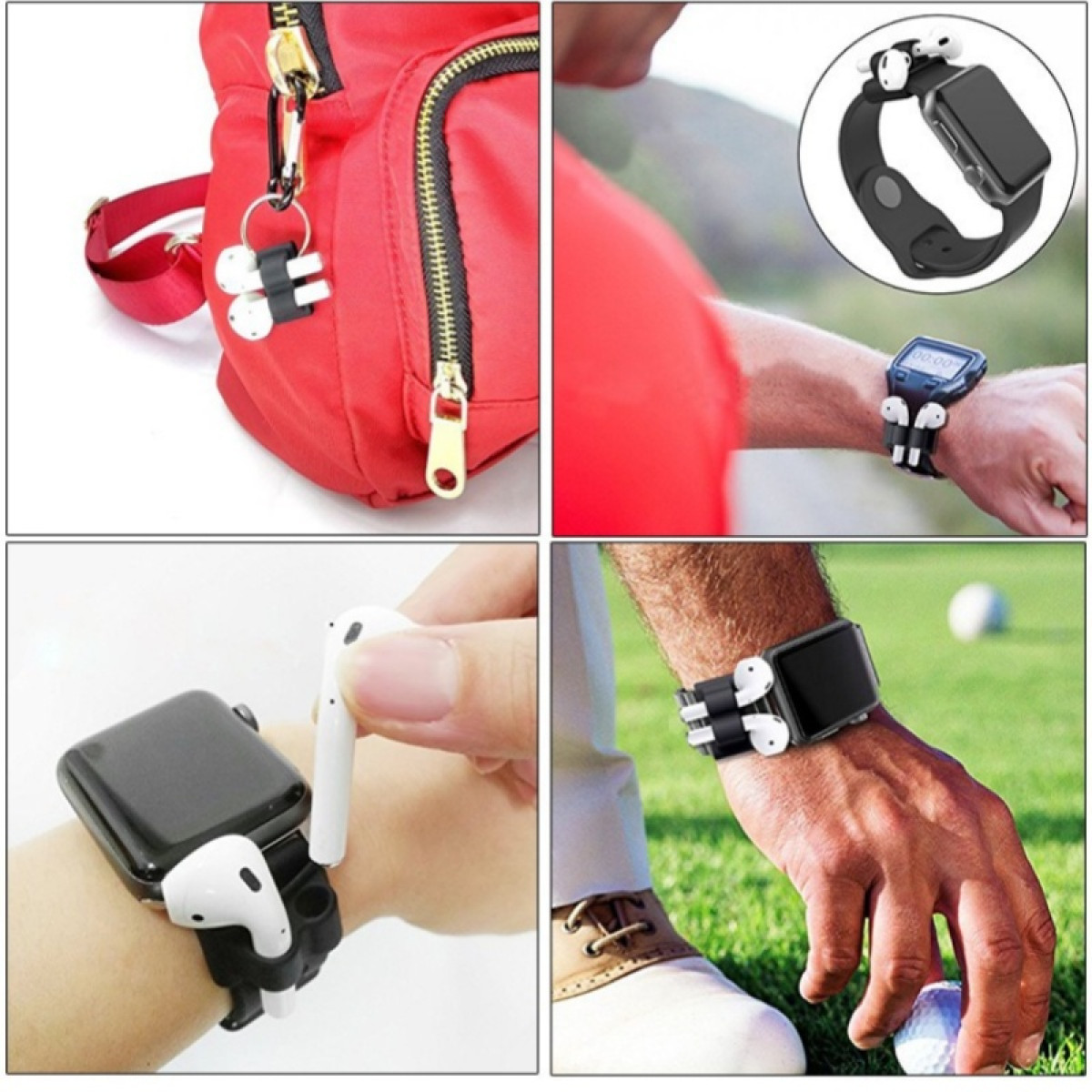 Las imágenes muestran accesorios para AirPods: adjuntos a una mochila roja y a una correa de reloj inteligente. La correa del reloj inteligente sujeta los AirPods.