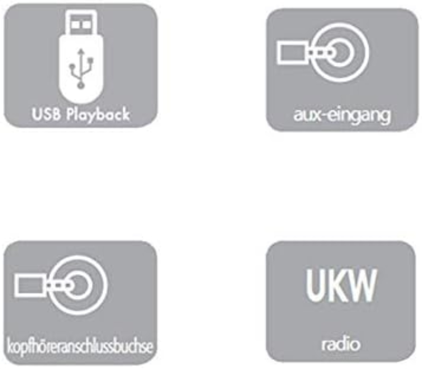 Vier graue Symbole mit weißen Symbolen: USB-Wiedergabe, Aux-In, Kopfhöreranschluss und Radio (UKW).