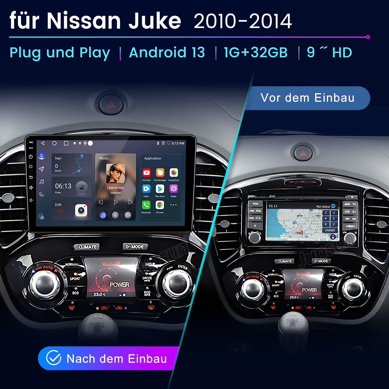 Vergleich des Armaturenbretts vor und nach dem Upgrade. Zeigt Navigation, Musik und Fahrzeugeinstellungen.