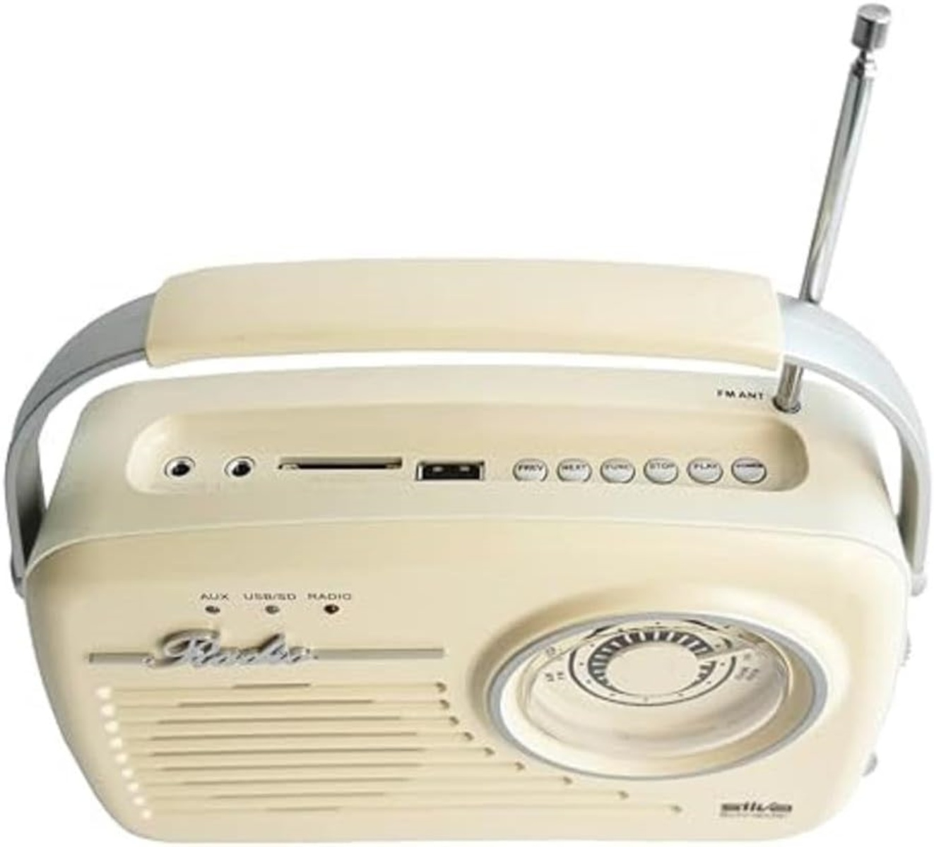 Cremefarbenes Retro-Radio mit Griff, Antenne und Knöpfen. Mit Drehregler, Lautsprechergrill und Anschlüssen für USB und SD.
