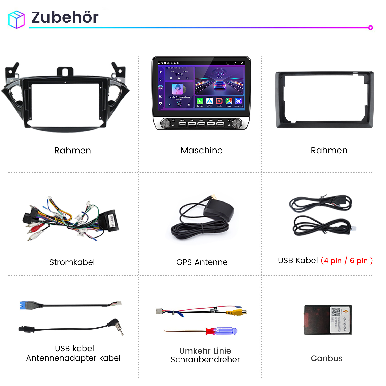 Ein Raster von Autozubehör: Rahmen, eine Maschine, Kabel, eine Antenne, USB-Kabel, ein Schraubendreher und ein Canbus-Modul.