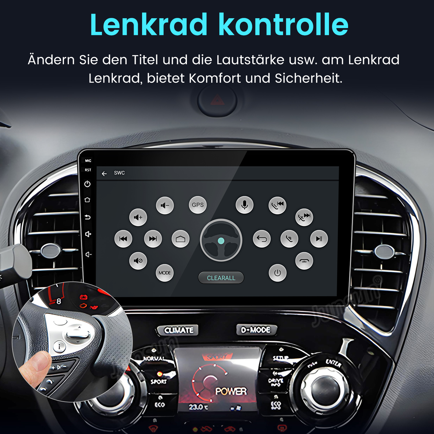 Auto-Armaturenbrett mit Touchscreen, der Bedienelemente anzeigt. Eine Hand berührt Lenkradtasten. Text: 'Lenkrad kontrolle'.