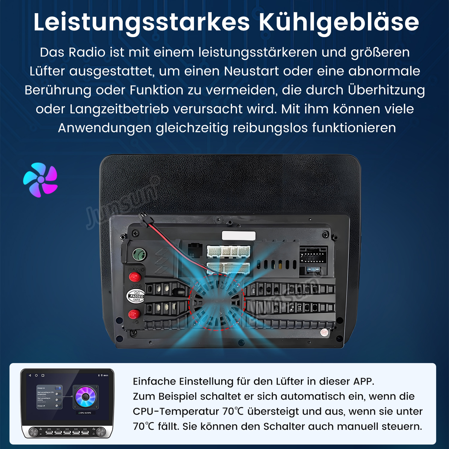 Auto-Radio-Innenraum mit Lüfter, Text zur Erklärung der Funktionalität und kleinem Bildschirm mit Einstellungen.