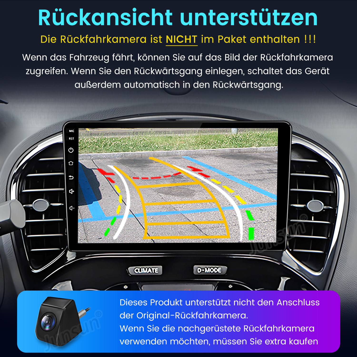 Armaturenbrett des Autos mit Rückfahrkamerabild und Führungslinien. Eine separate Kamera wird gezeigt, Text erklärt Funktionen.