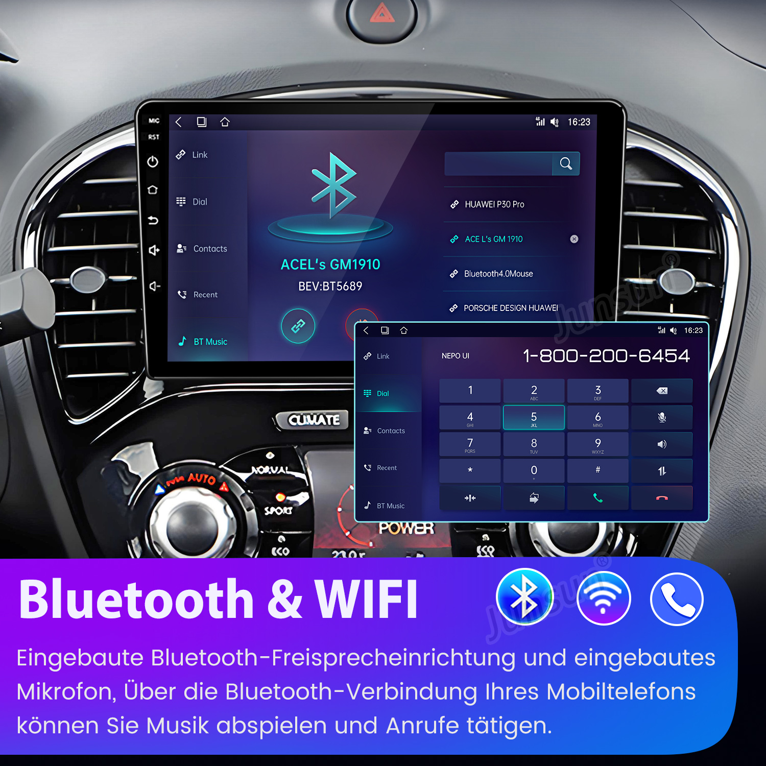 Auto-Multimedia-System-Oberfläche mit Bluetooth- und WLAN-Optionen. Ein Telefonwähler und Bluetooth-Pairing werden angezeigt.