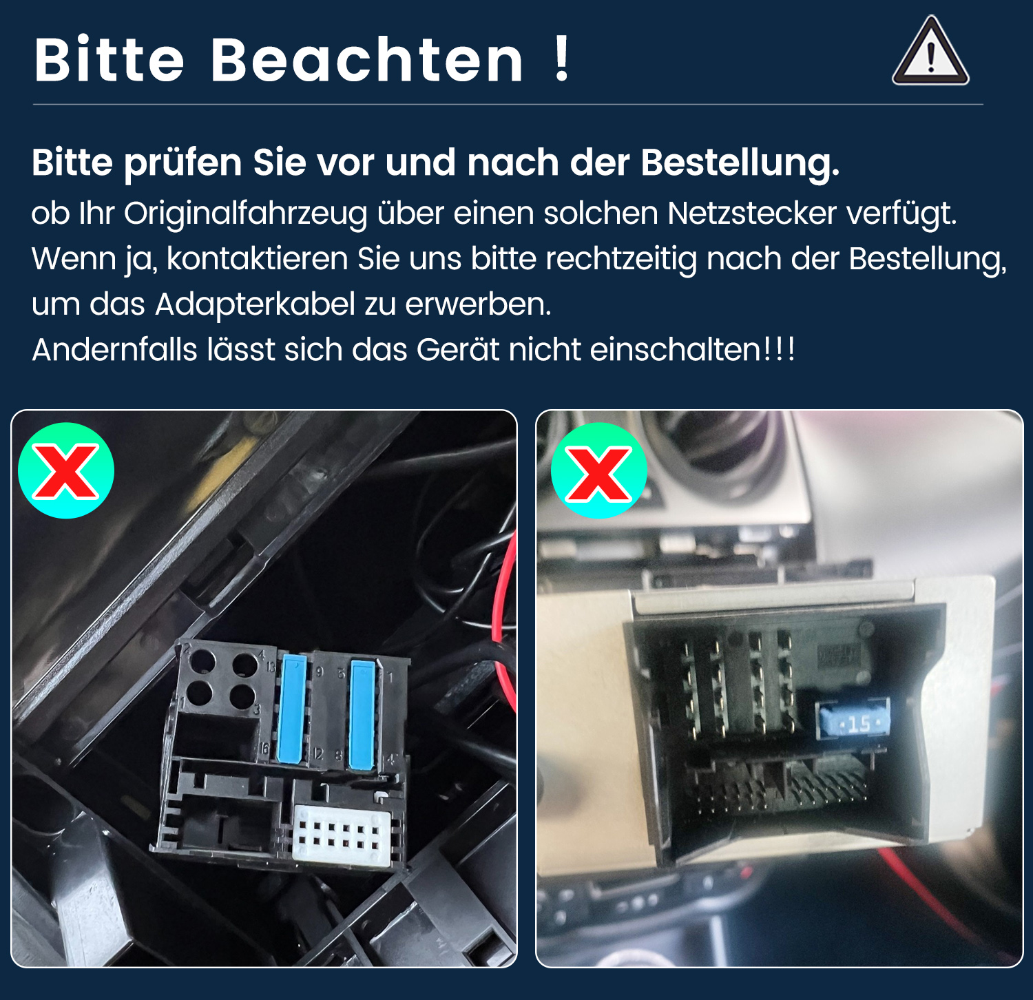 Das Bild zeigt zwei Autoanschlüsse. Einer hat blaue Elemente und der andere eine blaue Sicherung.