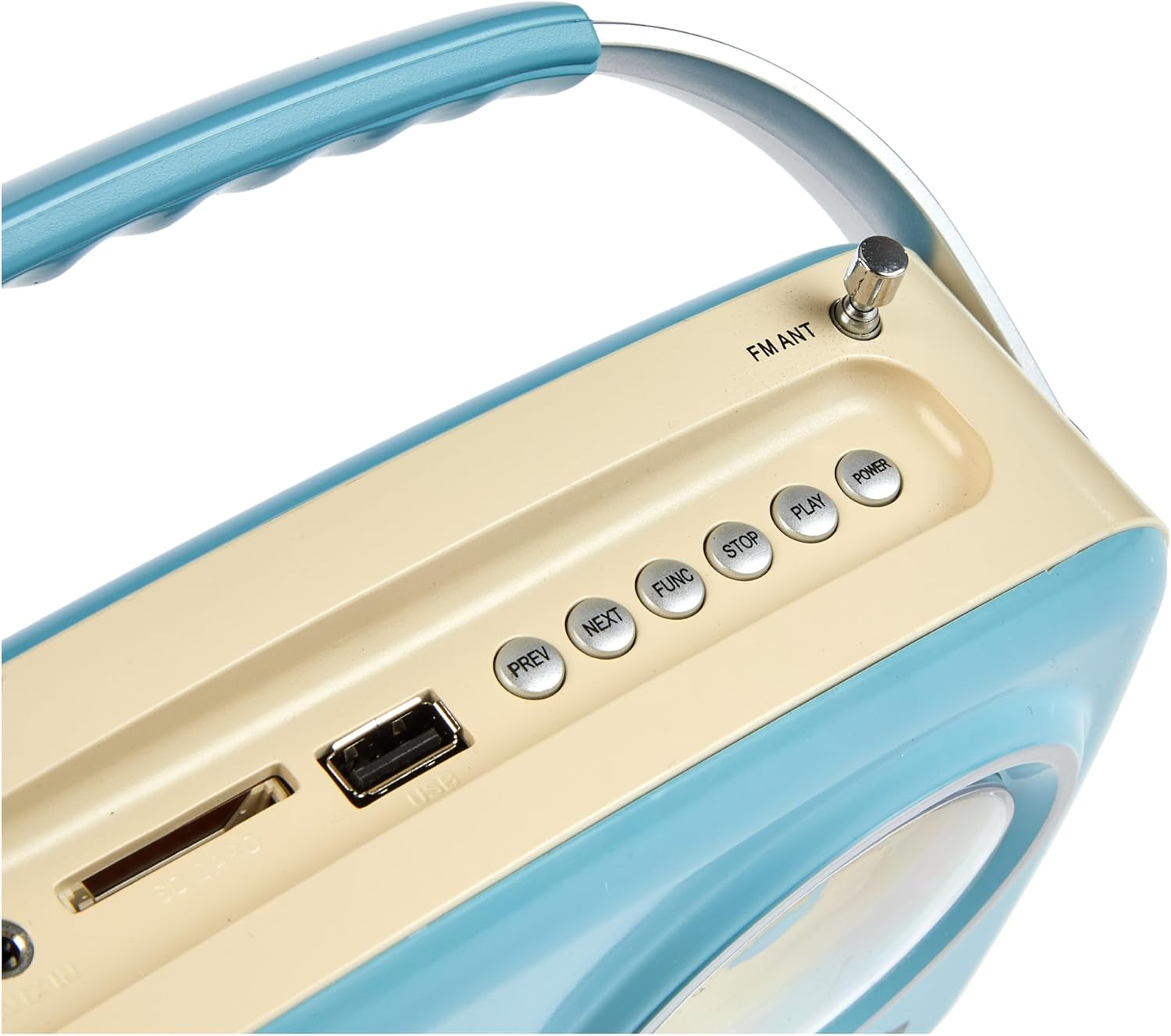 Ein Vintage-Radio mit blauem Griff und Akzenten. Es hat Tasten für vorherige, nächste, Funktion, Stopp, Wiedergabe und Ein/Aus. USB- und SD-Kartensteckplätze sind sichtbar.