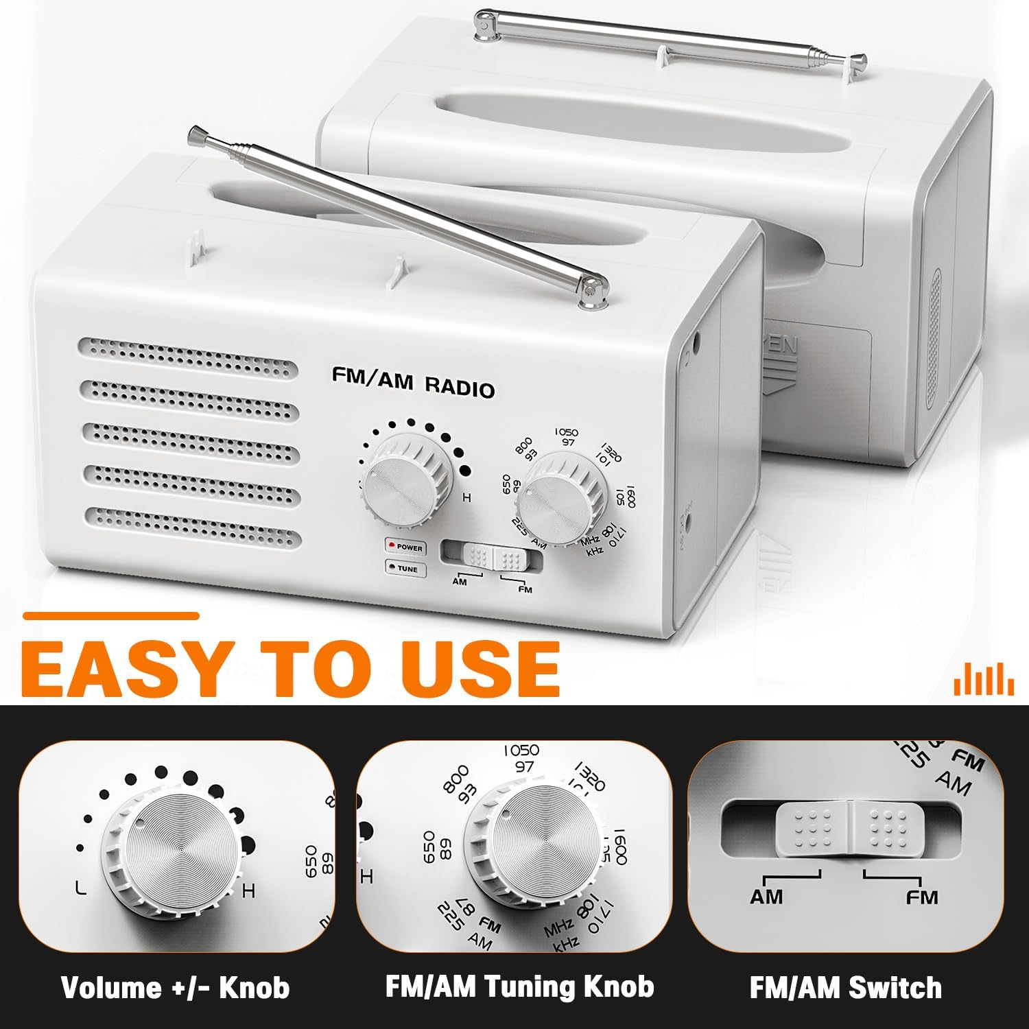 Zwei weiße FM/AM-Radios sind abgebildet. Knöpfe und Schalter sind sichtbar. Der Satz 'EASY TO USE' ist geschrieben.