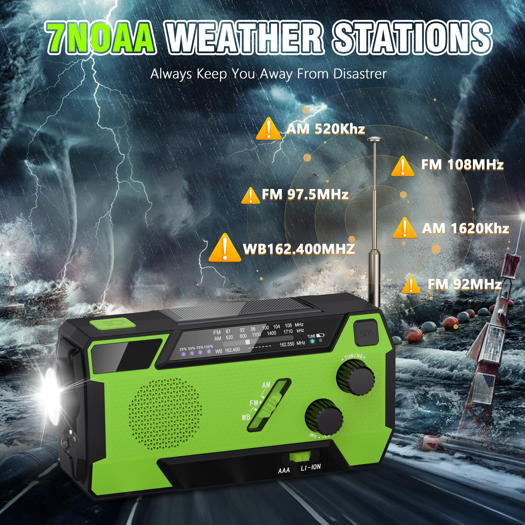 Ein grün-schwarzes Wetterradio mit Frequenzanzeigen, Blitze im Hintergrund. Ein Gerät zur Katastrophenvorsorge.