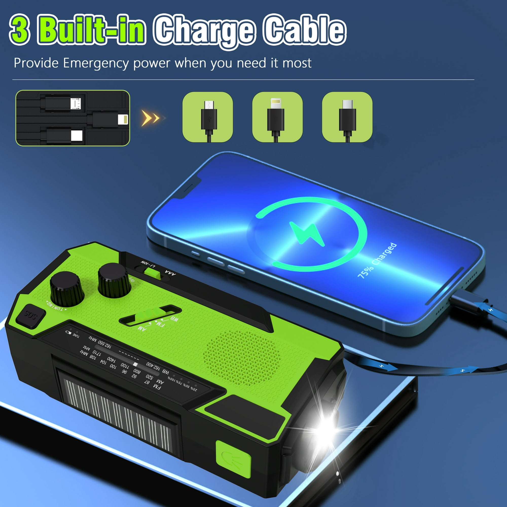 Ein grün-schwarzes Radio mit einem Telefon, das aufgeladen wird. Das Telefon zeigt 75 % geladen an. Kabel und Diagramme sind abgebildet.