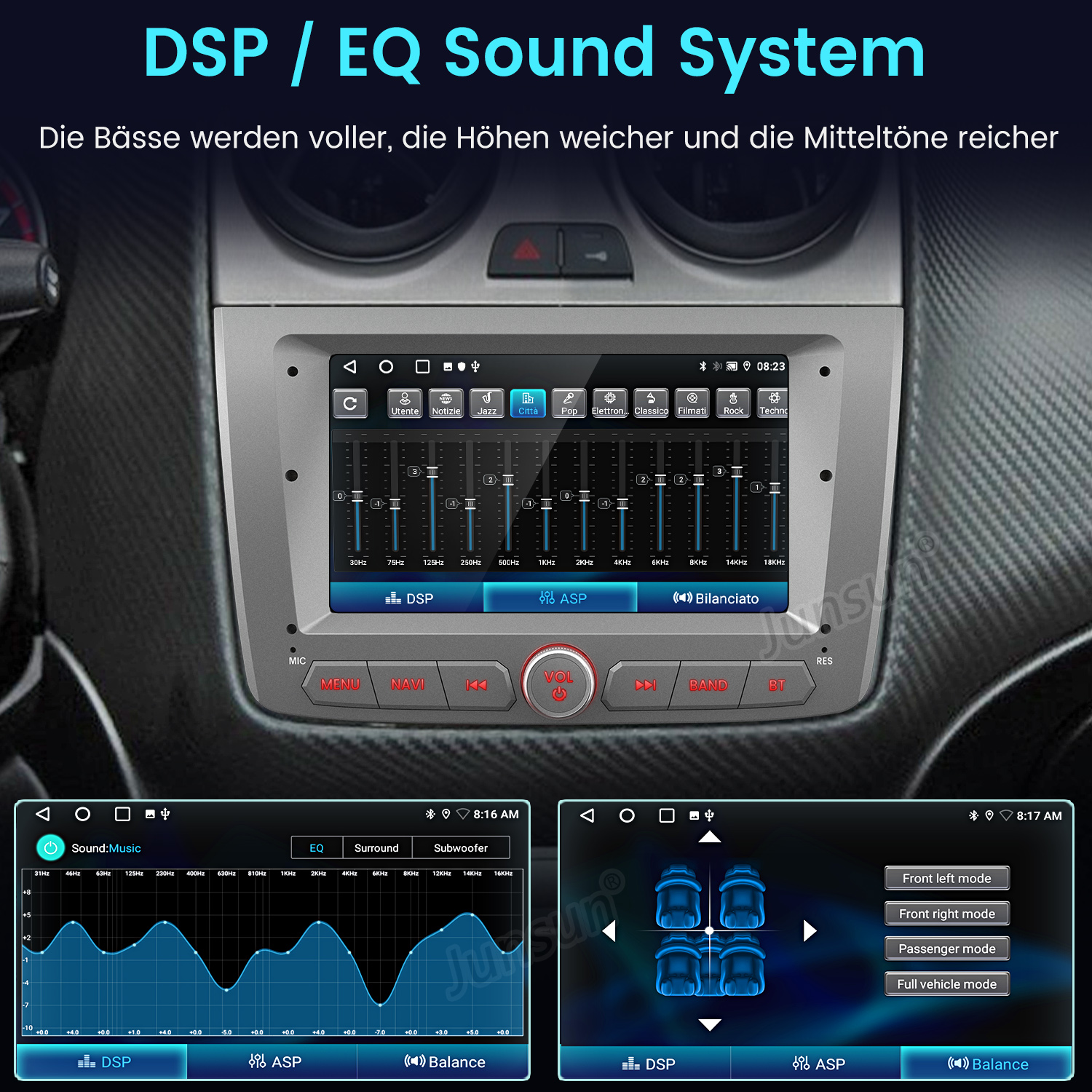 Auto-Audiosystem-Display mit Equalizer-Einstellungen und Klanganpassungen, mit verschiedenen Tasten und Optionen.