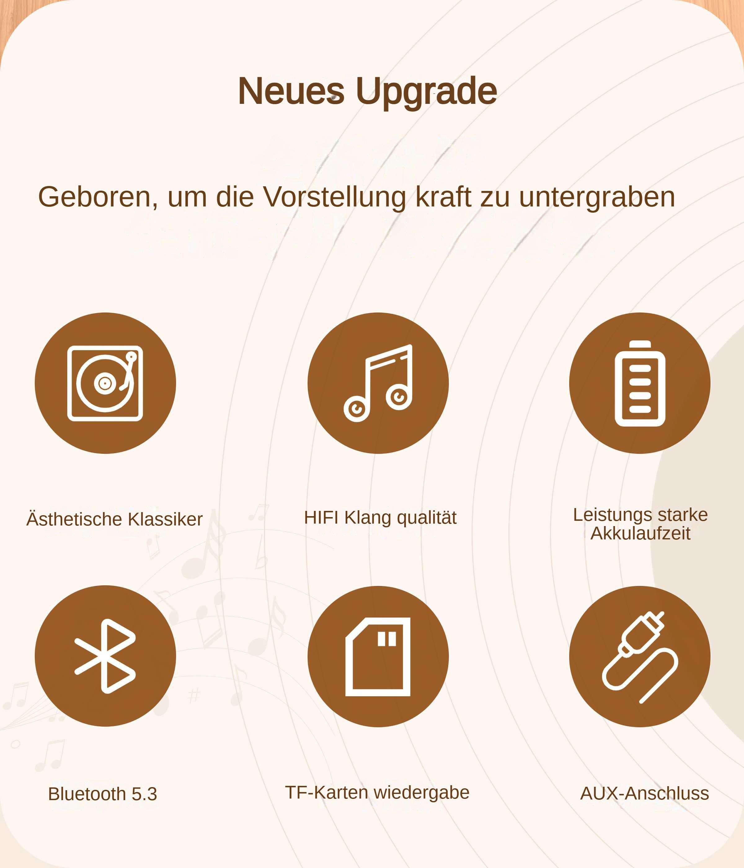 Eine Werbung mit Symbolen für Audiofunktionen, einschließlich Bluetooth, und Text auf Deutsch, mit hellbraunem Hintergrund.