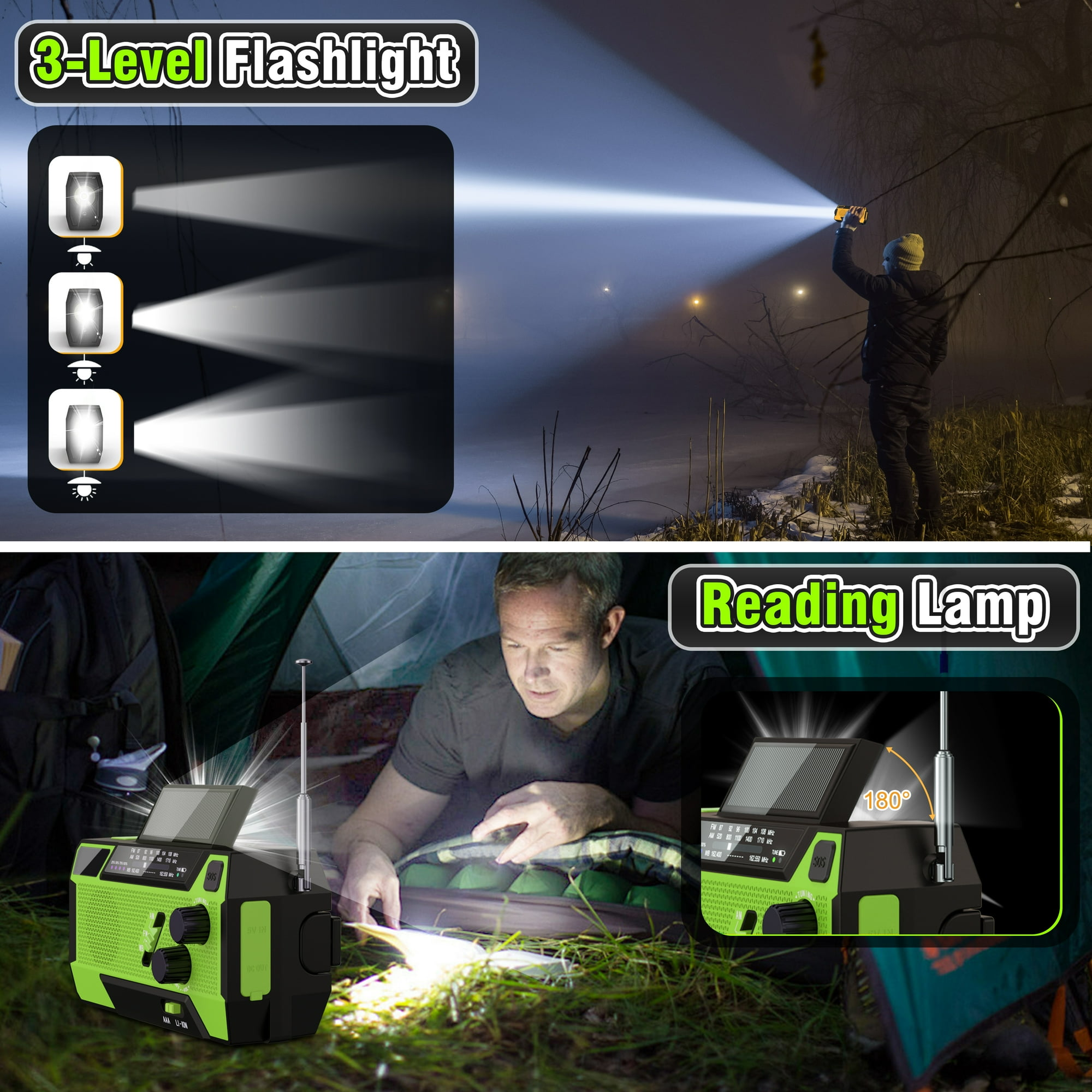 Das Bild zeigt eine Taschenlampe und ein Radio. Eine Person benutzt die Taschenlampe im Freien. Eine andere Person benutzt das Radio drinnen.
