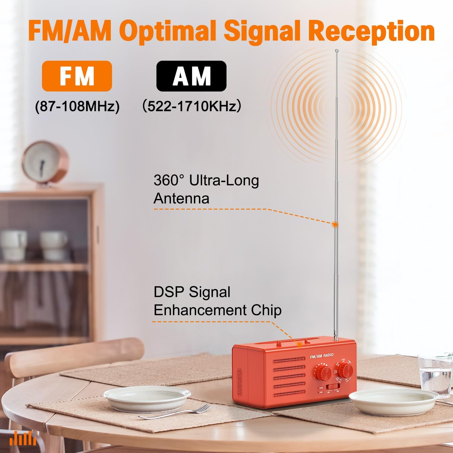 Ein orangefarbenes Radio mit Antenne steht auf einem Tisch mit Tellern. Text zeigt FM/AM optimalen Signalempfang an.