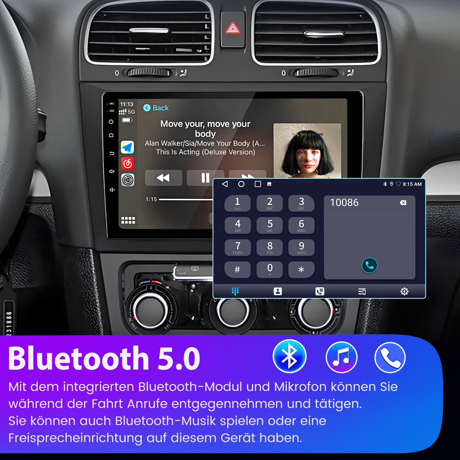 Autoradio mit Bluetooth, Telefonwähler und Musikplayer-Oberfläche. Das Display zeigt ein Sia-Lied.