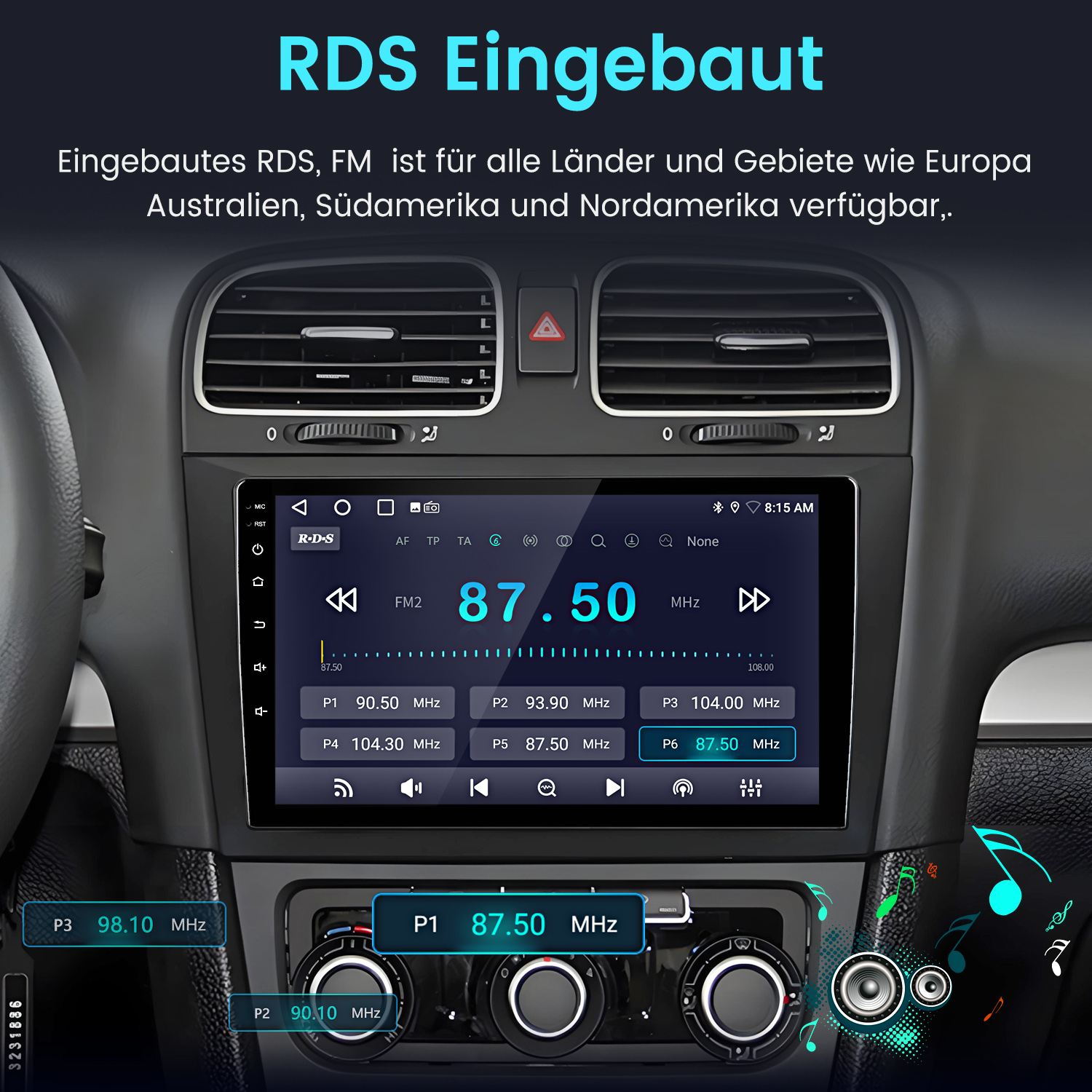 Autoradio mit RDS. Der Bildschirm zeigt die Radiofrequenz 87,50 MHz an. Armaturenbrett und Lüftungsschlitze sind sichtbar.