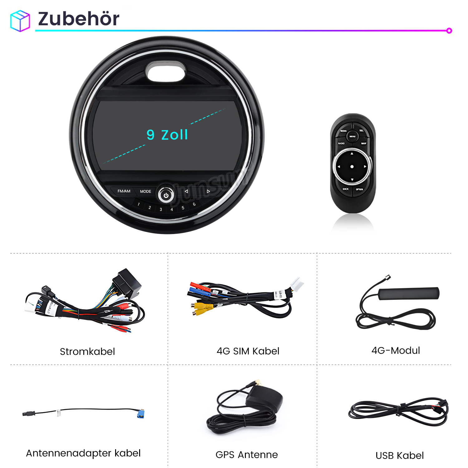 Das Bild zeigt ein Autoradio, eine Fernbedienung, Kabel und Antennen. Zu den Artikeln gehören ein 9-Zoll-Bildschirm, ein Stromkabel, ein 4G-SIM-Kabel und eine GPS-Antenne.