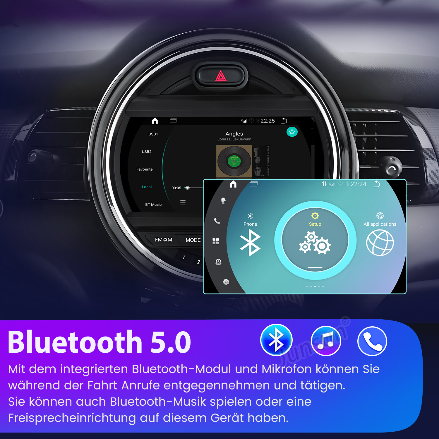 Auto-Armaturenbrett mit Bildschirm, der eine Musikplayer-Oberfläche und Telefonoptionen anzeigt. Bluetooth 5.0-Text unten.