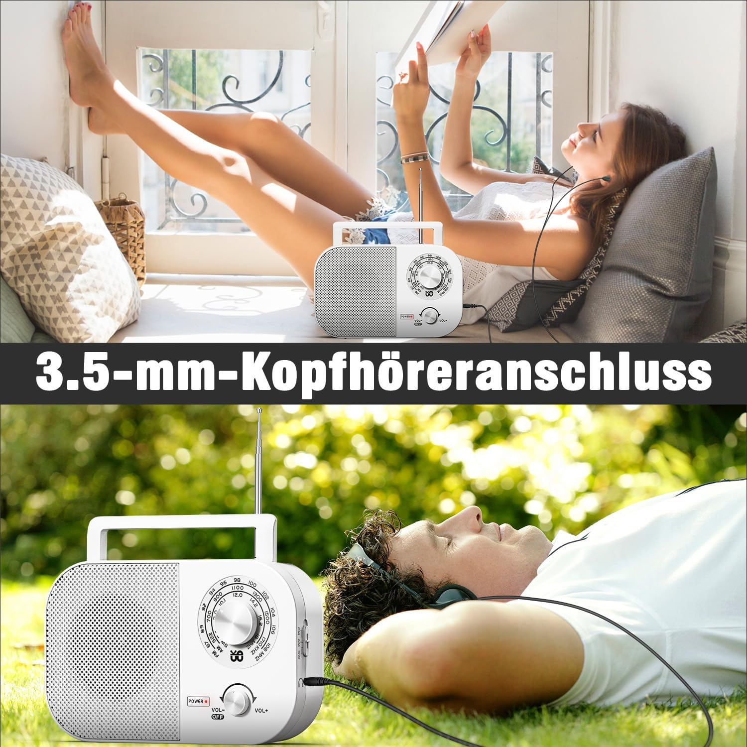 Eine Frau hört mit Kopfhörern Musik und liest in der Nähe eines Fensters. Ein Radio steht daneben. Ein Mann entspannt sich draußen mit Kopfhörern.