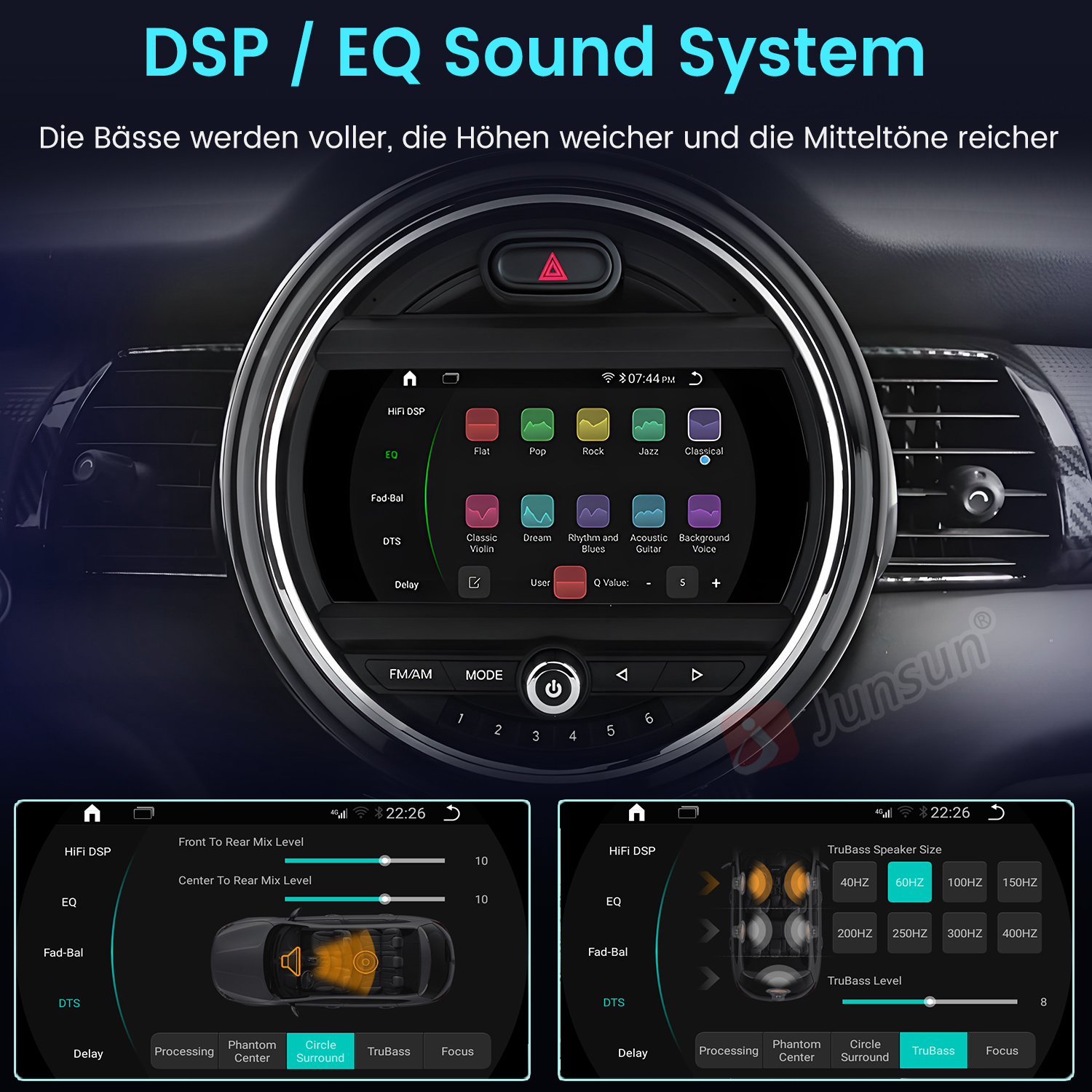 Car-Multimedia-Systemoberfläche mit Audioeinstellungen und Optionen für das DSP/EQ-Soundsystem.