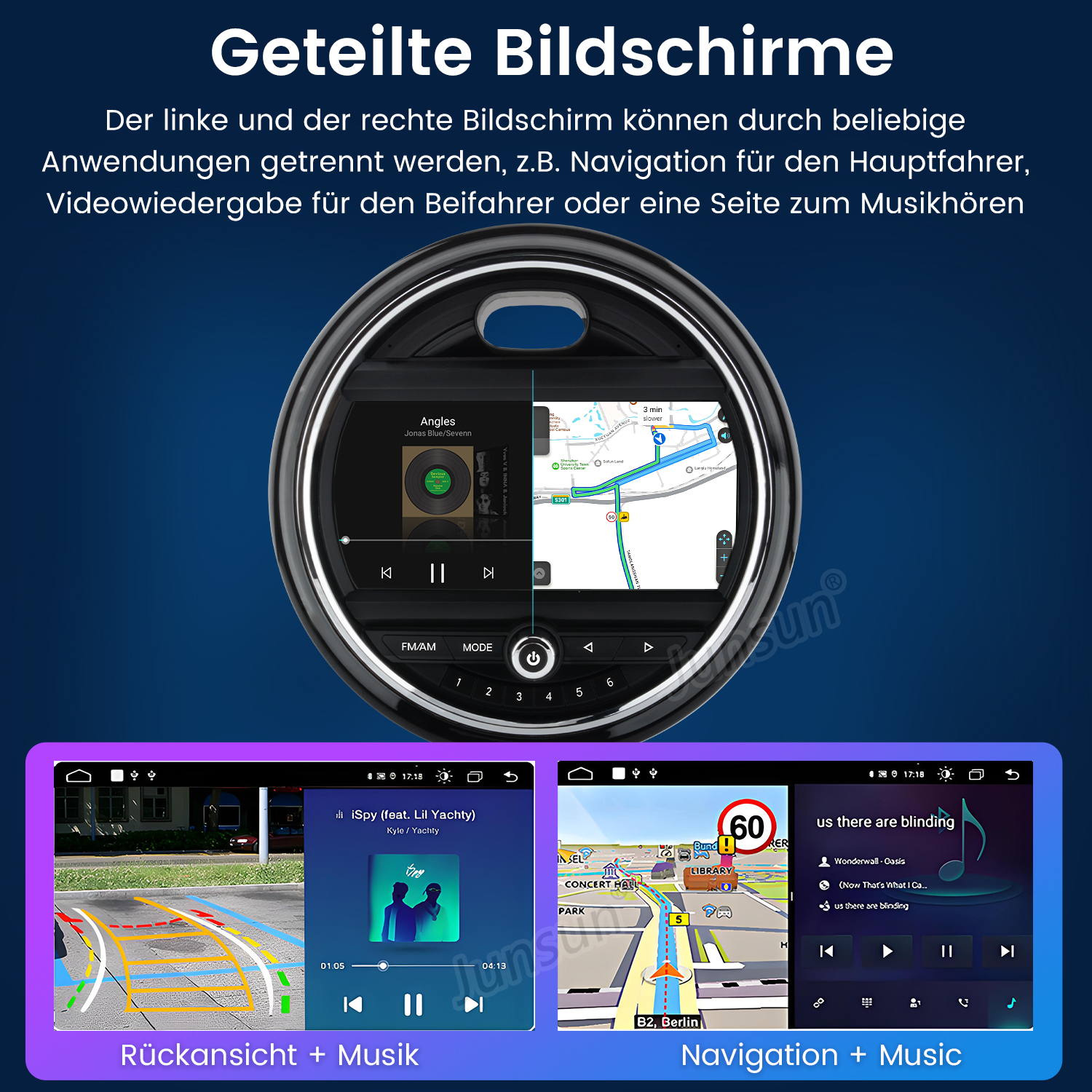 Auto-Infotainmentsystem zeigt Musik, Navigation und Rückansicht. Es hat einen runden Rahmen und zwei kleinere Bildschirme.
