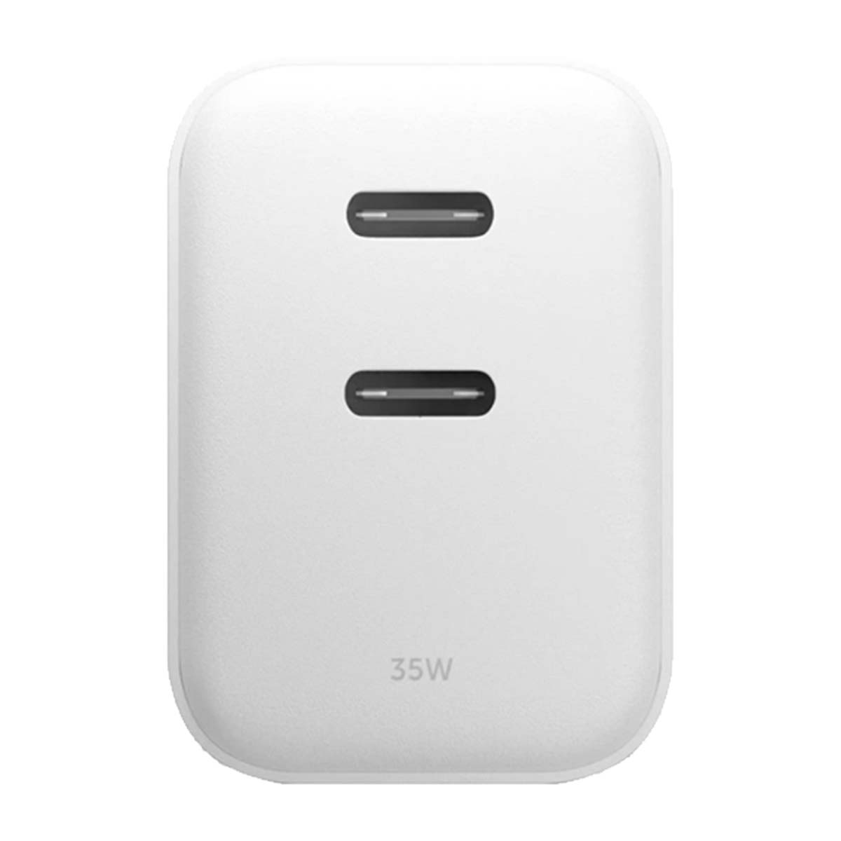 Caricabatterie rettangolare bianco con due fessure grigio scuro e testo '35W'. Angoli arrotondati. Isolato su sfondo bianco.