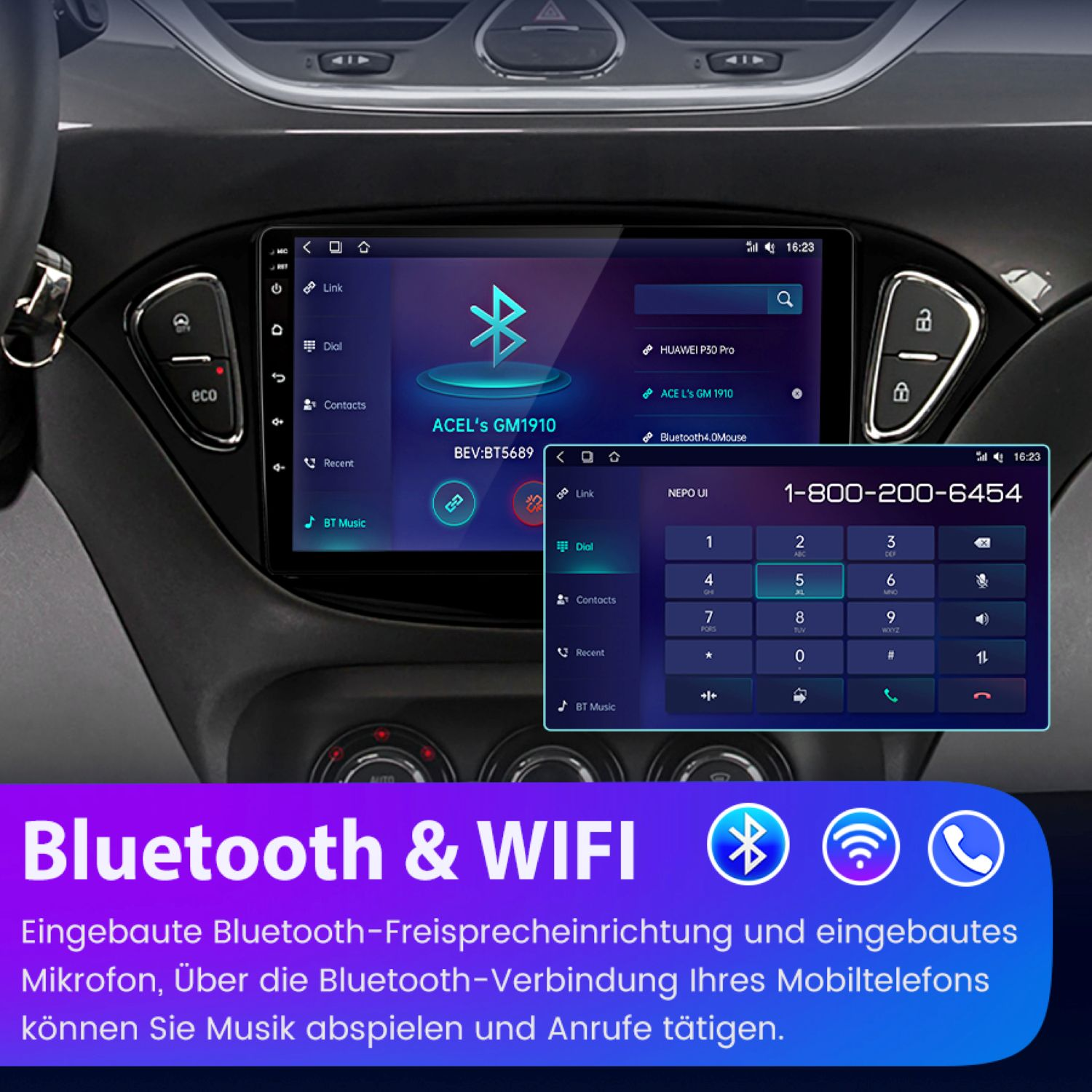 Auto-Armaturenbrett mit Touchscreen, der Telefontastatur und Bluetooth/WLAN-Symbolen zeigt. Text: Bluetooth & WIFI.
