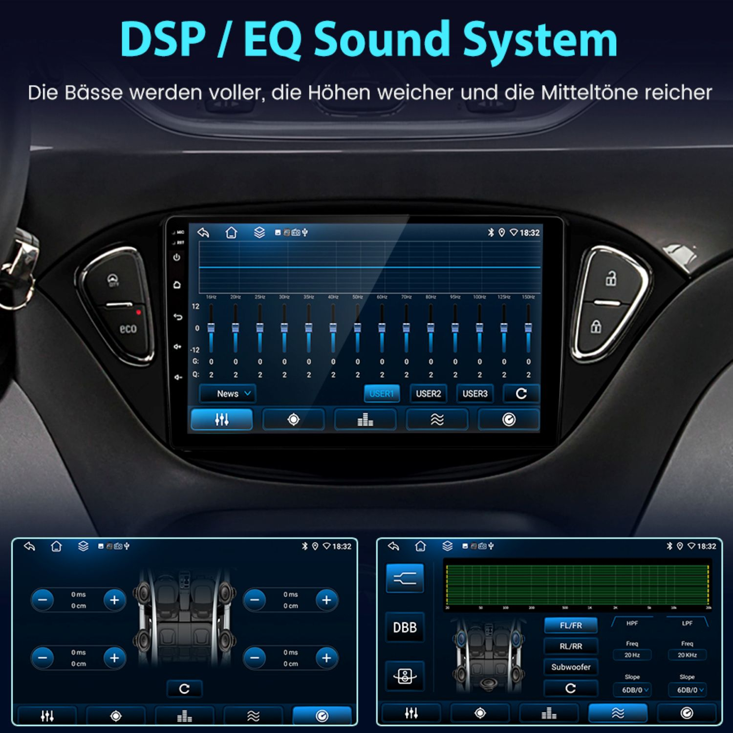 Auto-Armaturenbrett-Bildschirm mit DSP/EQ-Einstellungen, Frequenzanpassungen und Klangreglern.