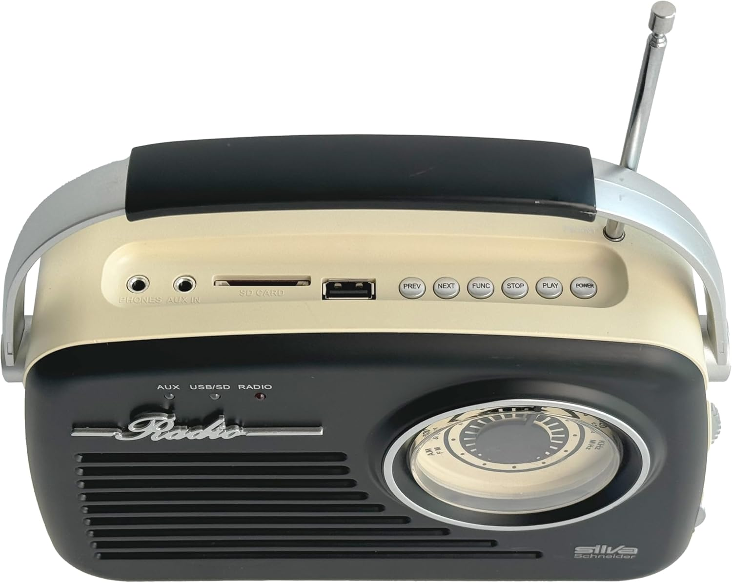 Retro-Radio. Beige Oberseite, schwarze Unterseite. Silberner Griff und Antenne. Tasten für prev, next, play usw. Silva Schneider.