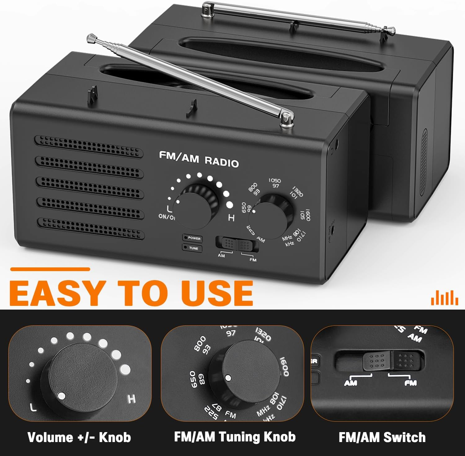 Schwarze FM/AM-Radios mit Lautstärke- und Abstimmknöpfen sowie einem FM/AM-Schalter werden mit den Worten 'EINFACH ZU BEDIENEN' angezeigt.
