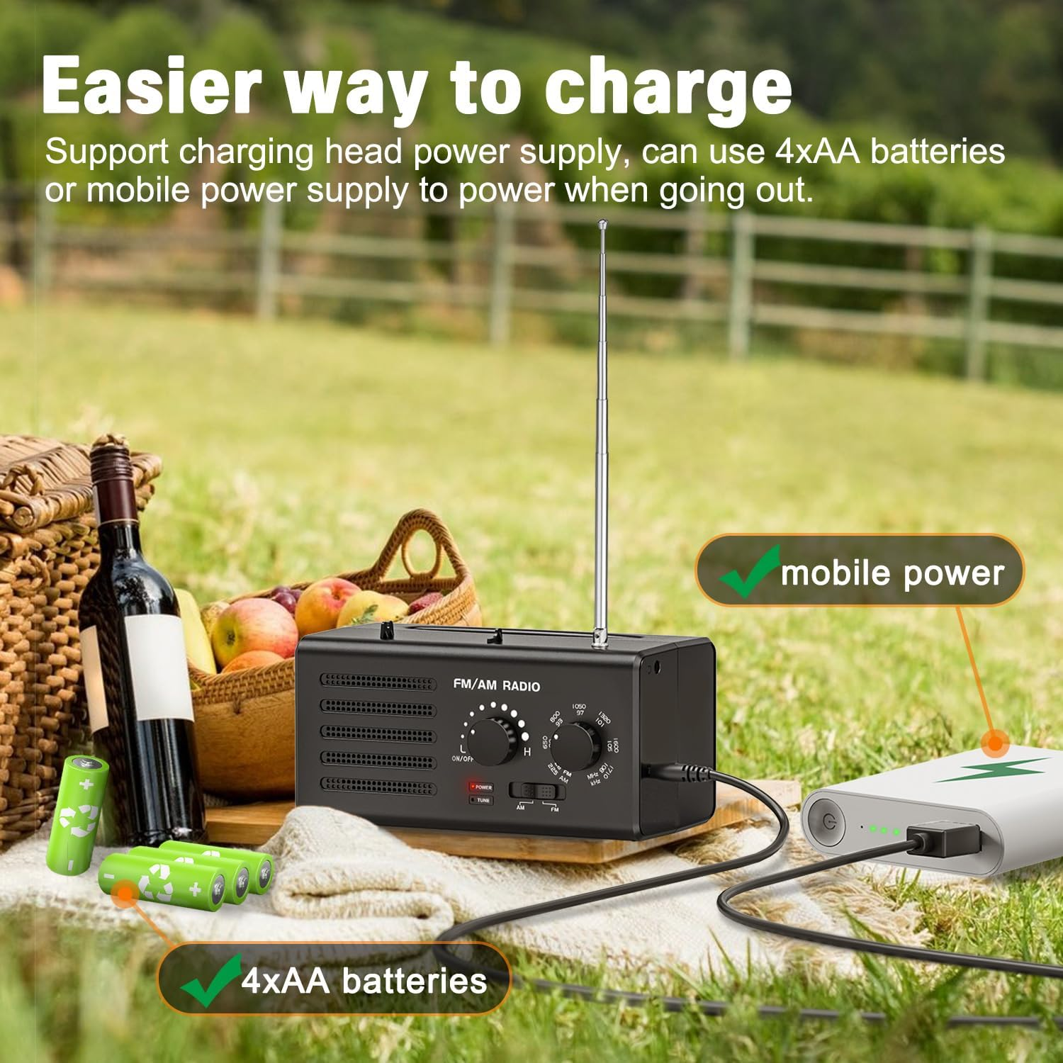 Ein schwarzes Radio, Batterien und eine Powerbank auf Gras. Ein Picknickkorb mit Obst und eine Weinflasche sind ebenfalls vorhanden.