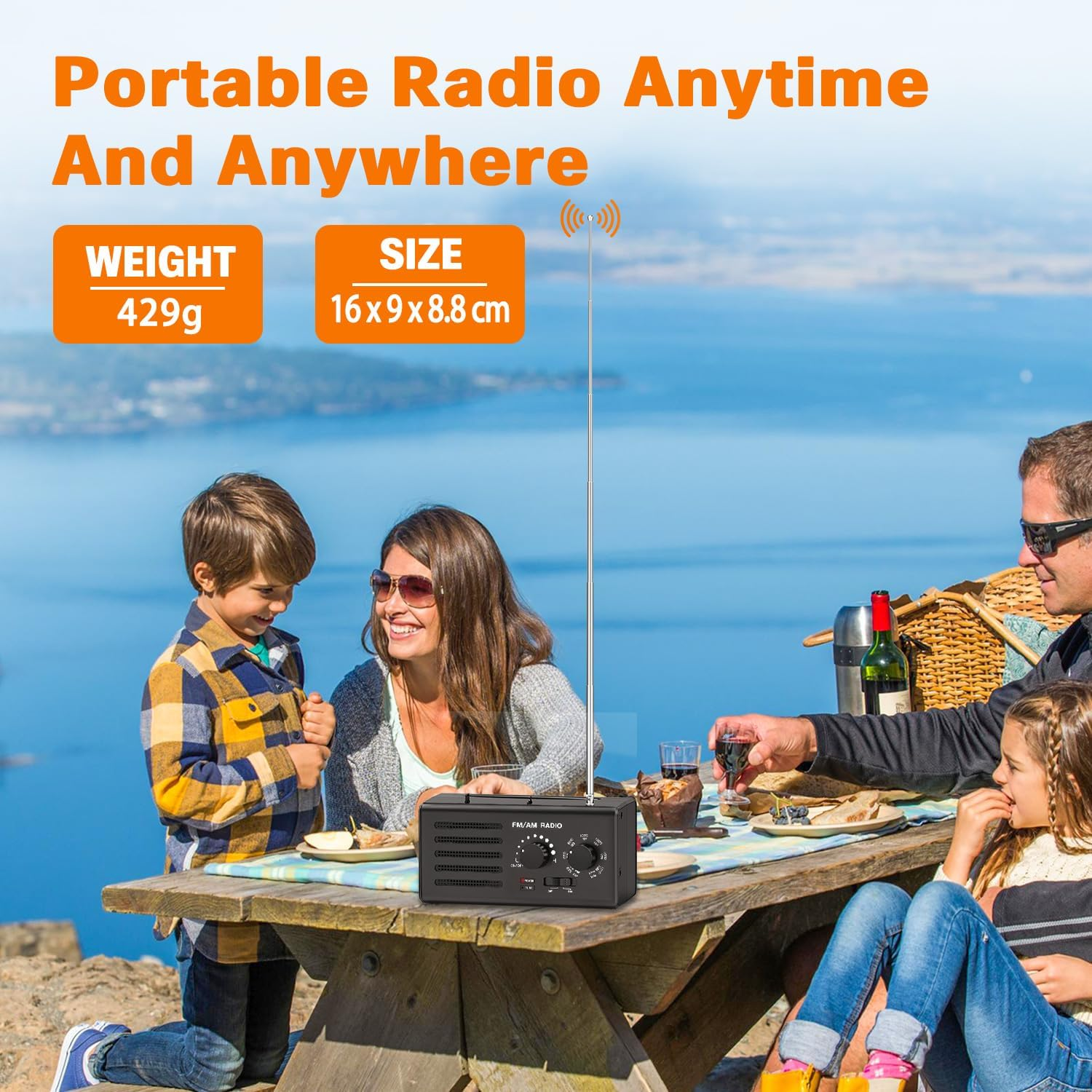 Familienpicknick mit tragbarem Radio auf einem Tisch. Enthält Text zu Gewicht und Größe. Blaues Wasser im Hintergrund.