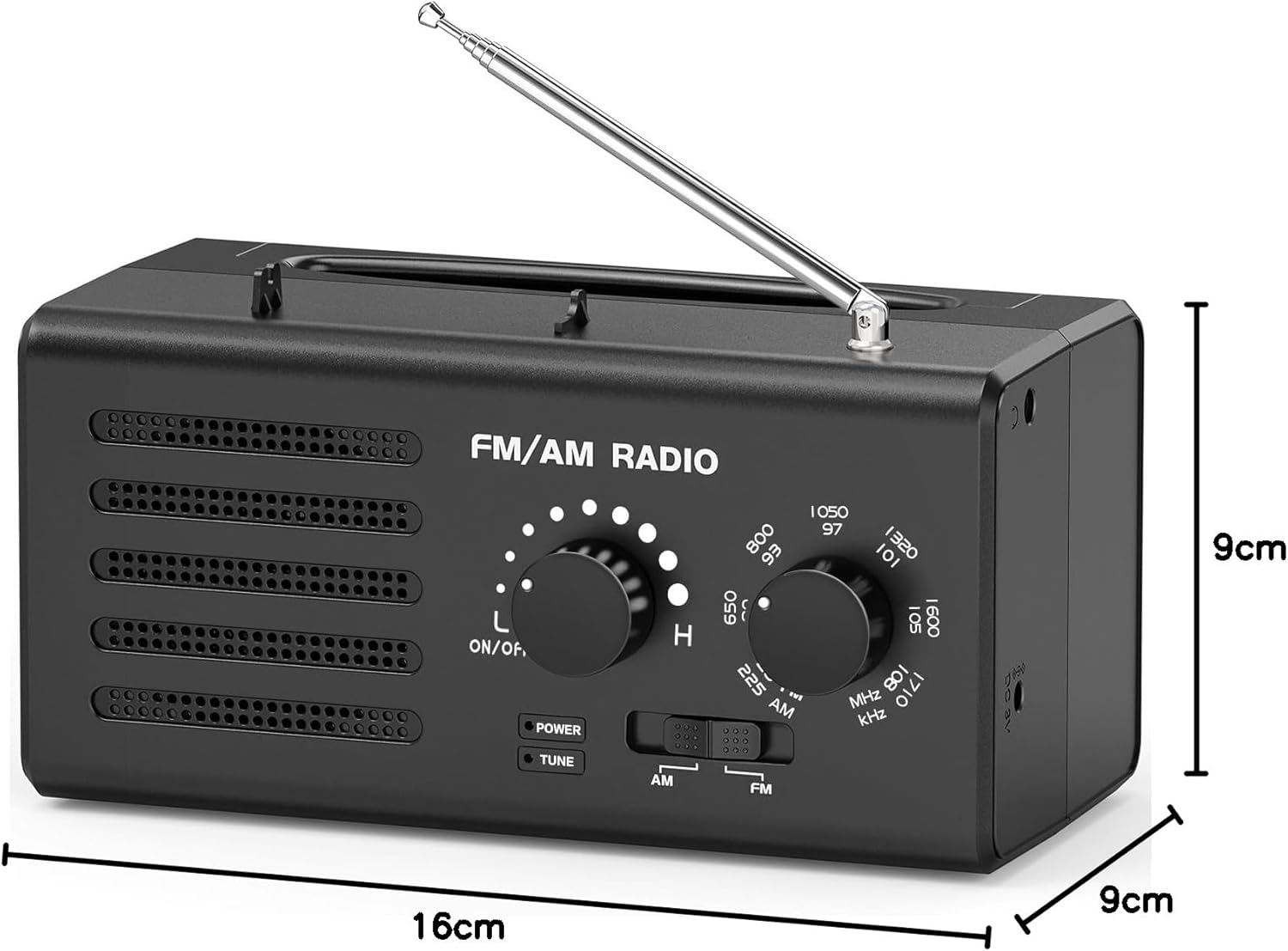 Schwarzes FM/AM-Radio mit Antenne, Knöpfen und Tasten. Es hat eine rechteckige Form. Die Abmessungen sind 16 cm x 9 cm x 9 cm.