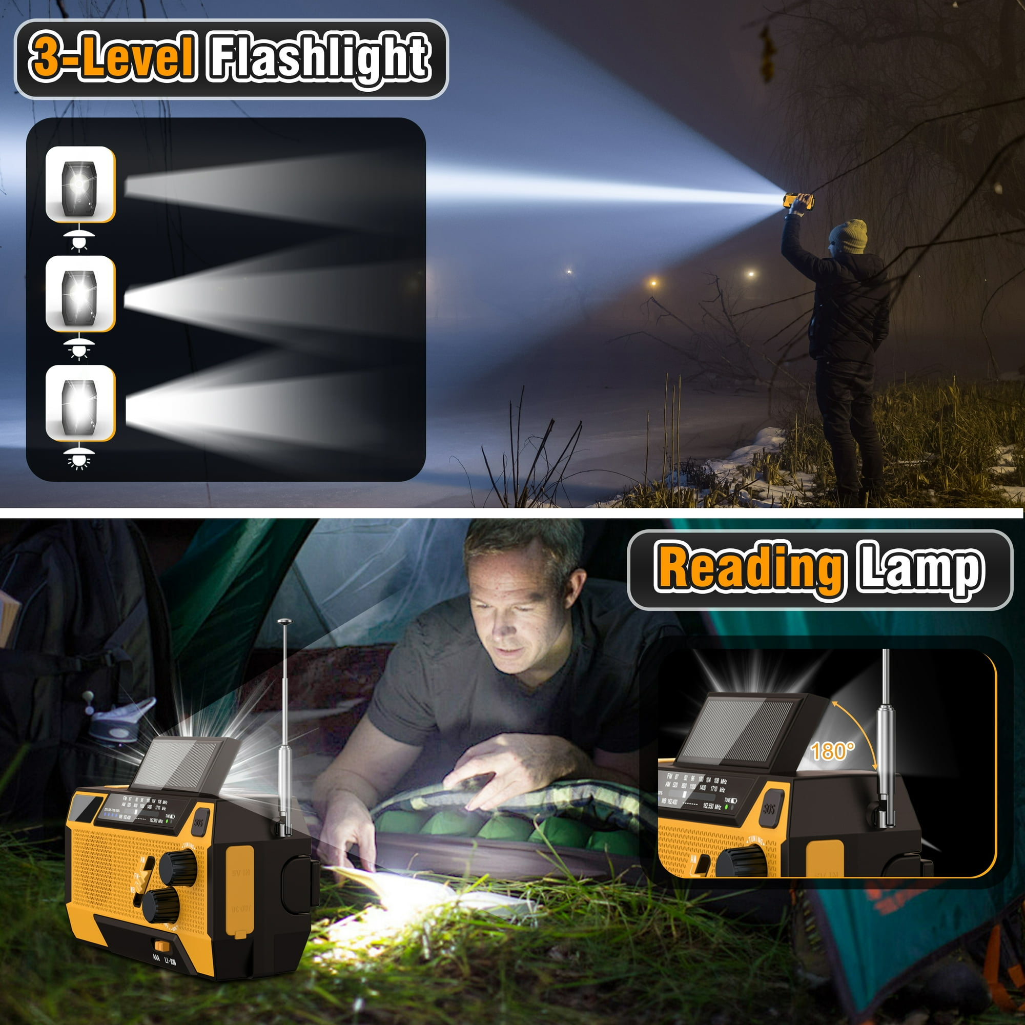 Das Bild zeigt eine Taschenlampe mit drei Lichtstufen, eine Person, die sie benutzt, und ein Radio mit Leselampe.