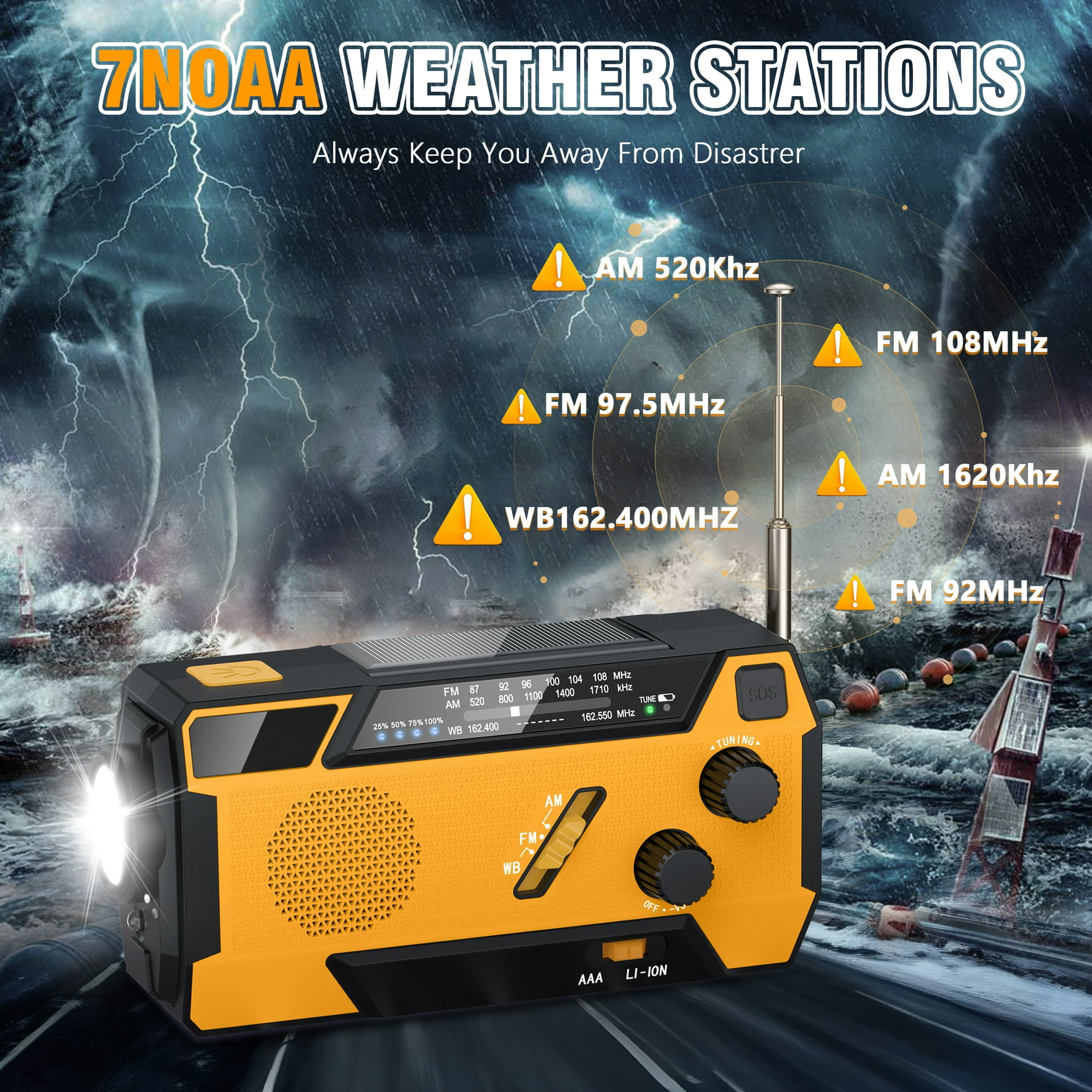 Ein orange-schwarzes NOAA-Wetterradio vor einem stürmischen Hintergrund. Text hebt Radiofrequenzen und Blitze hervor.
