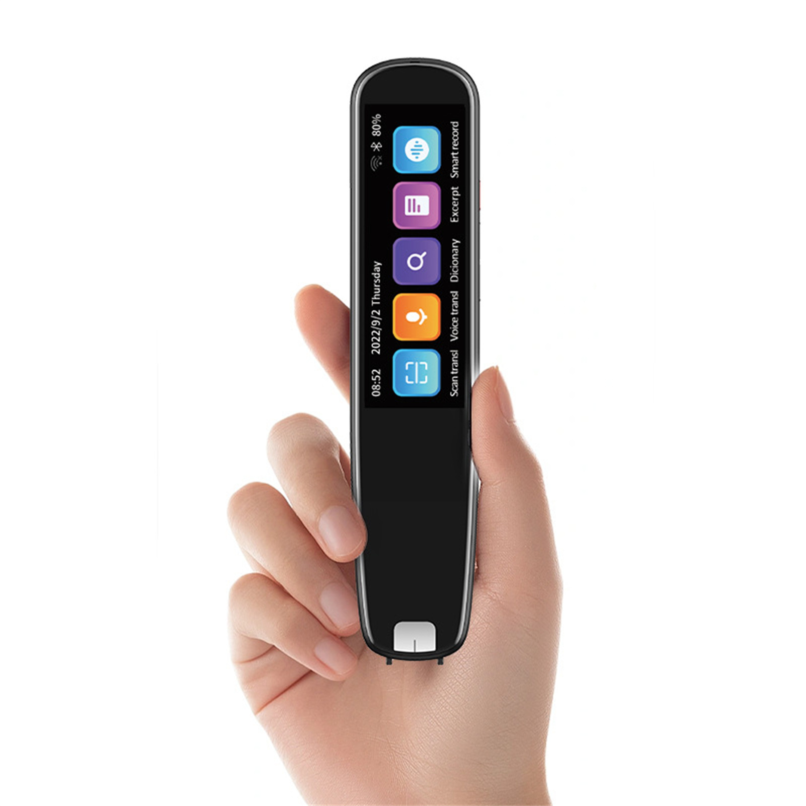 Ein schwarzes Handgerät mit Bildschirm wird von einer Hand gehalten. Der Bildschirm zeigt Symbole für verschiedene Funktionen.