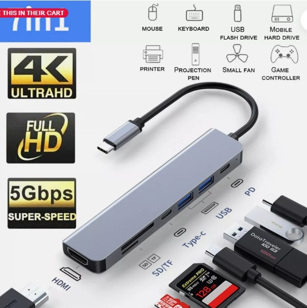 Ein grauer USB-C-Hub mit mehreren Anschlüssen, SD-Kartensteckplätzen und angeschlossenen Geräten. Symbole für Elektronik im Hintergrund.