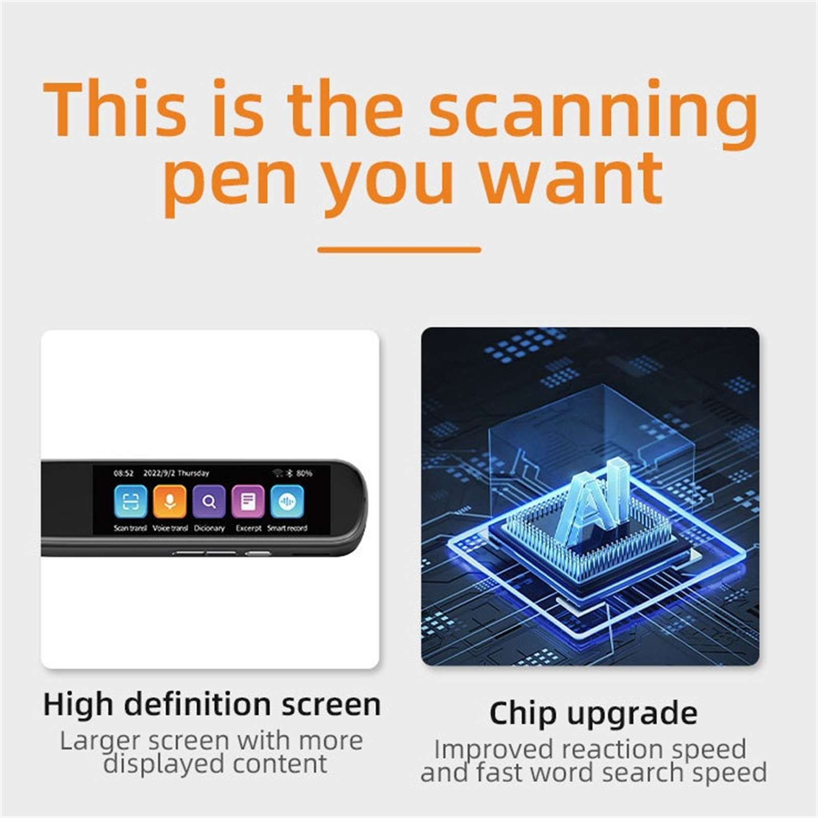 Eine Anzeige zeigt einen Scanstift mit Details auf dem Bildschirm und einem Chip-Upgrade. Text: 'Das ist der Stift, den Sie wollen'.