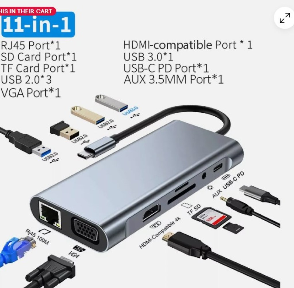 Ein 11-in-1 USB-Hub mit verschiedenen Anschlüssen, darunter HDMI, USB und SD-Kartensteckplätze. Kabel und Anschlüsse sind um den Hub herum dargestellt.