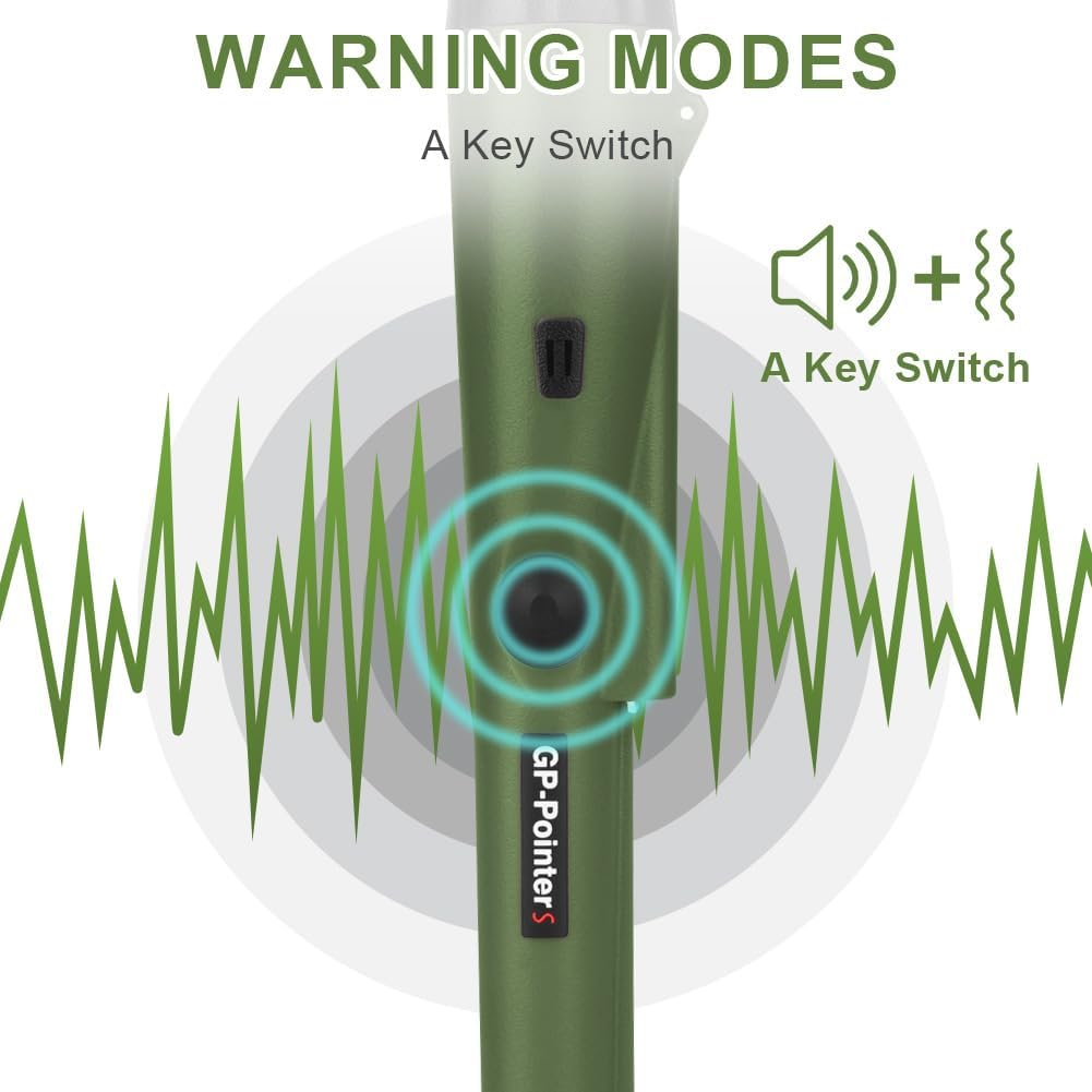 Ein grüner Metalldetektor mit einem Schlüsselschalter. Ein Tonsymbol und Wellenmuster werden angezeigt. Der Text lautet "WARNING MODES" und "GP-Pointer S".