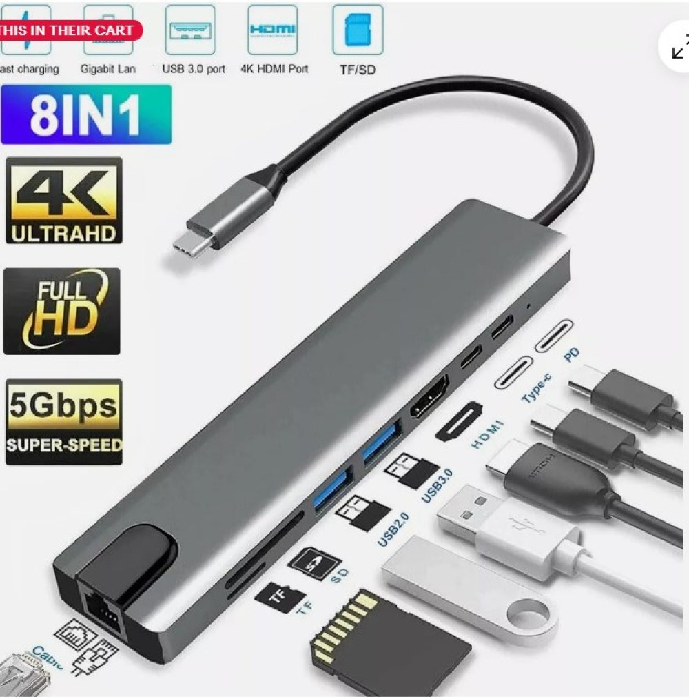 Ein silberner 8-in-1-USB-Hub mit verschiedenen Anschlüssen, darunter HDMI, USB und TF/SD-Kartensteckplätze. Kabel und eine Speicherkarte sind abgebildet.