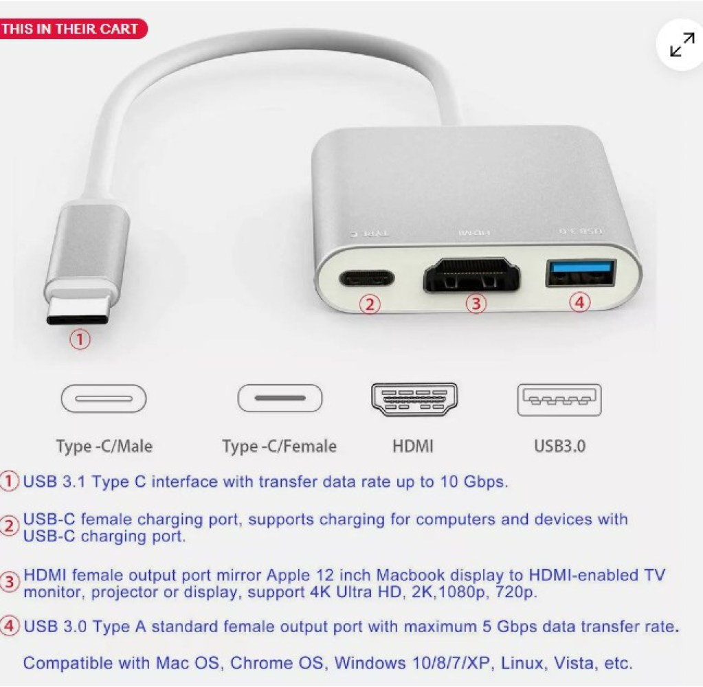 Silberner USB-C-Hub mit mehreren Anschlüssen: USB-C, HDMI und USB 3.0. Verfügt über einen USB-C-Anschluss und ein Kabel mit der Aufschrift 'This in their cart'.
