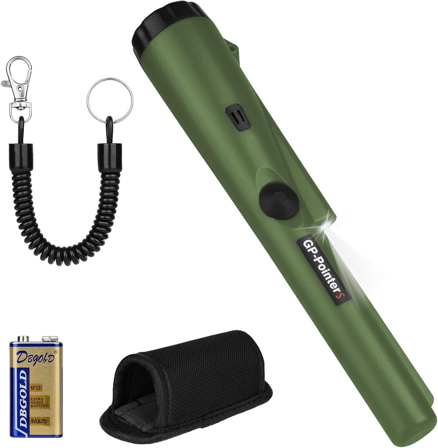 Grüner Metalldetektor mit Zubehör: Schlüsselband, Holster, Batterie und schwarzes Spiralkabel. 'GP-PointerS' ist sichtbar.