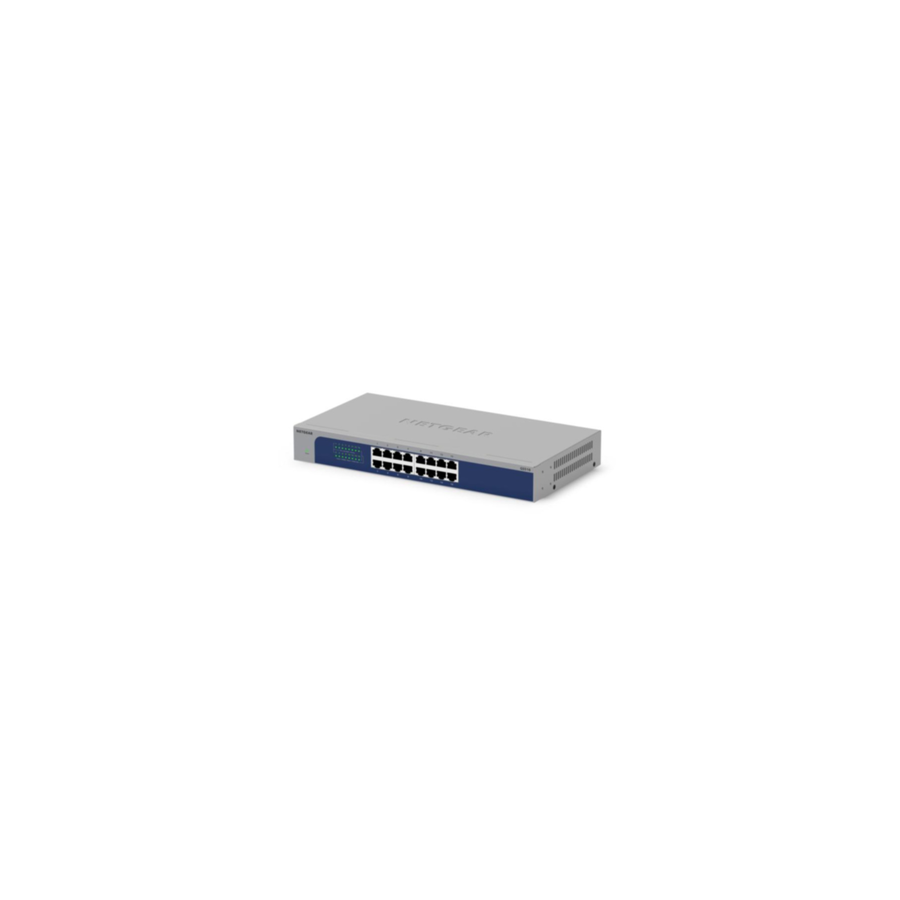 Un commutateur réseau Netgear argenté et bleu est posé sur une surface blanche. Il possède plusieurs ports et un indicateur d'alimentation.
